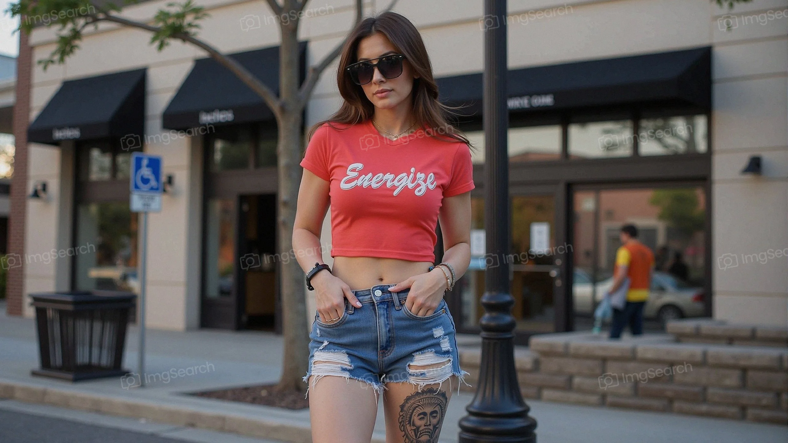 A young woman in a red cropped t-shirt denim shorts poses confidently on a city sidewalk.
