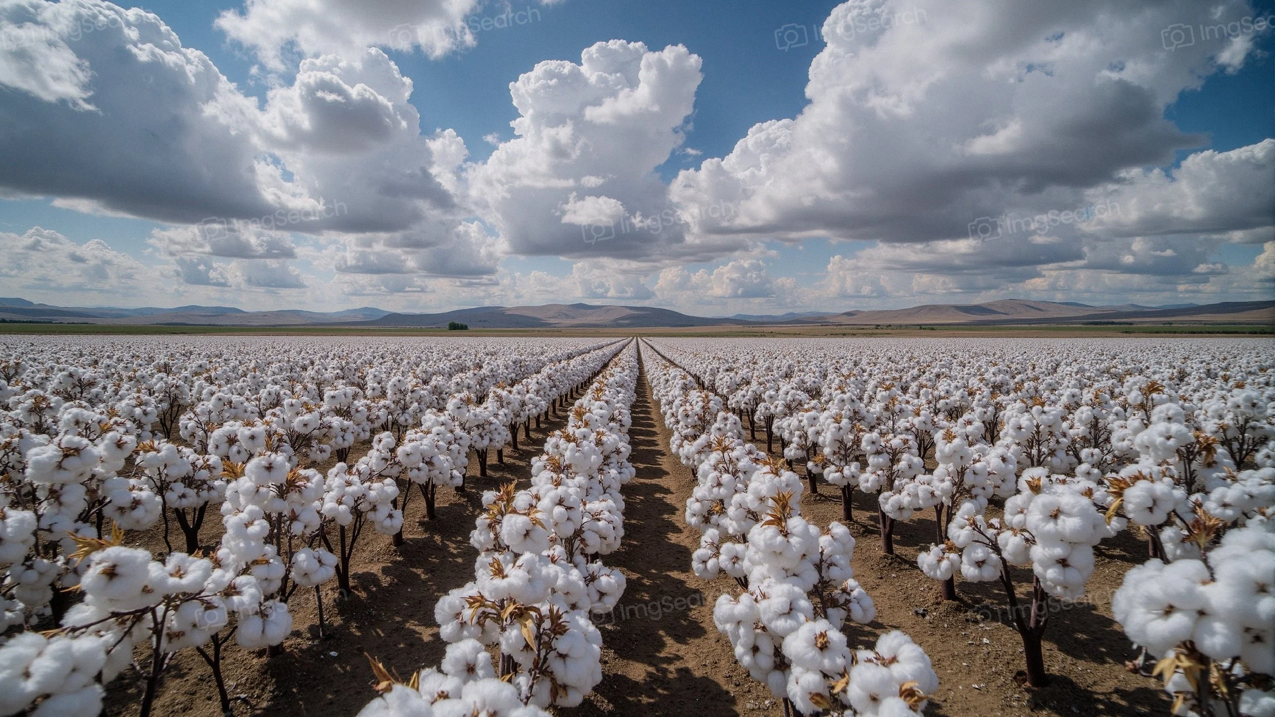 A vast field of cotton plants under a cloudy sky