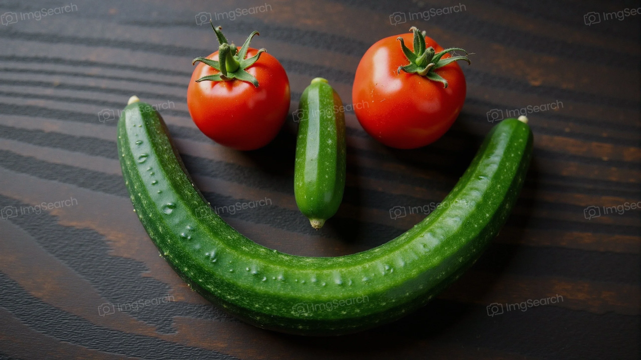 A playful arrangement of vegetables forming a smiley face, with tomatoes as eyes cucumbers as mouth nose.
