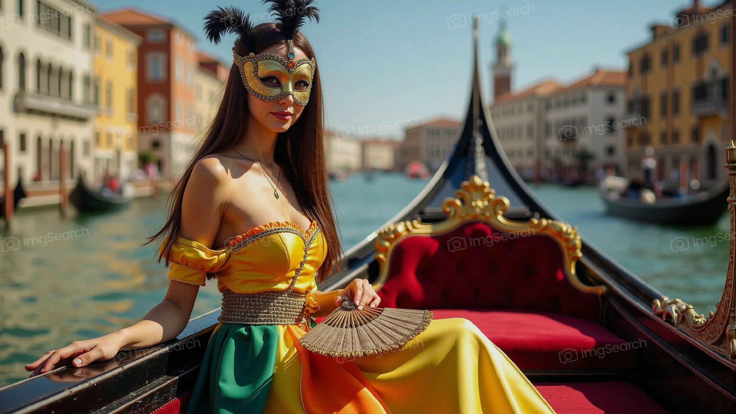A woman in a dress mask sitting in a gondola on a Venetian canal