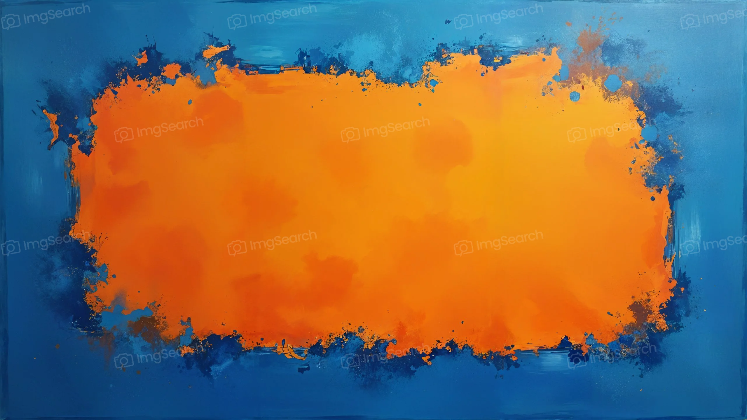 Abstract painting with a vibrant orange center and blue edges