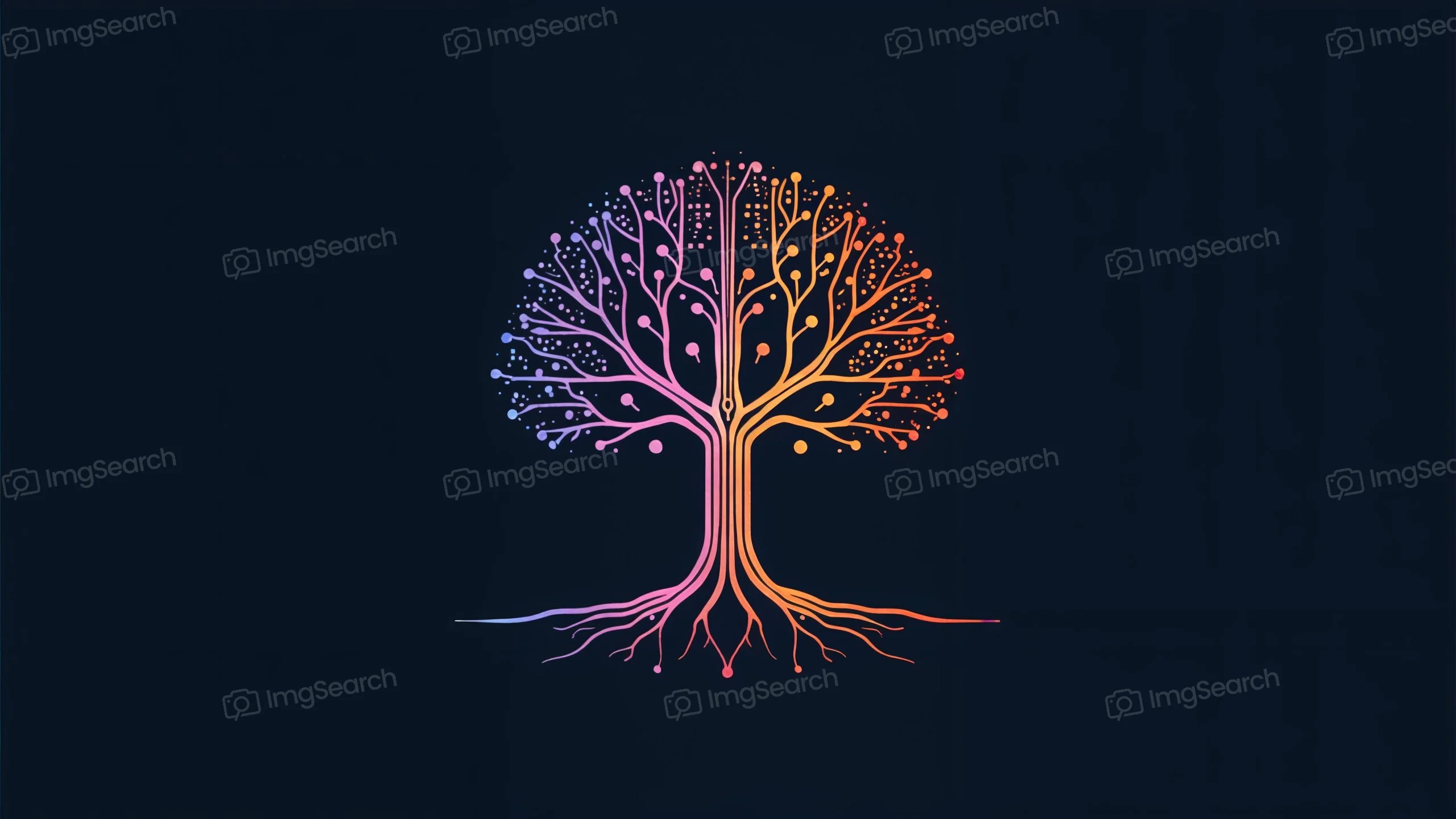 Colorful abstract tree illustration with intricate branches and roots
