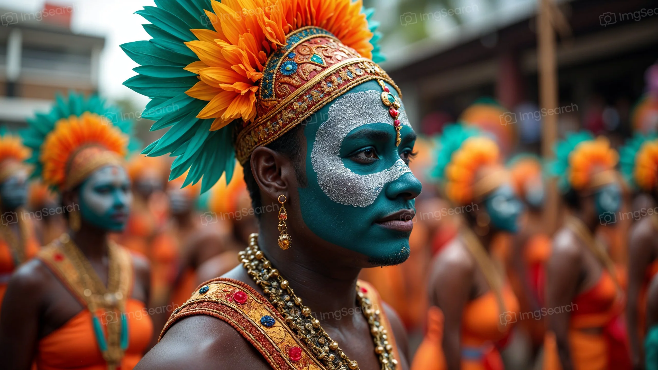 A male participant in a vibrant festival wearing a colorful headdress and face paint, surrounded by dancers in orange costumes.