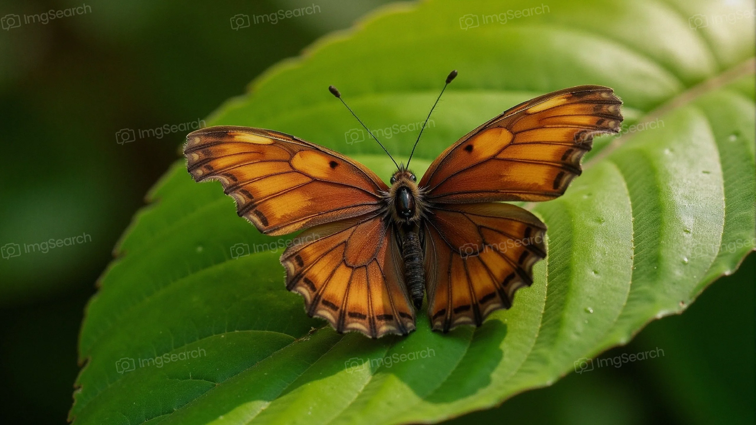Close-up of a vibrant orange monarch butterfly perched on a green leaf.