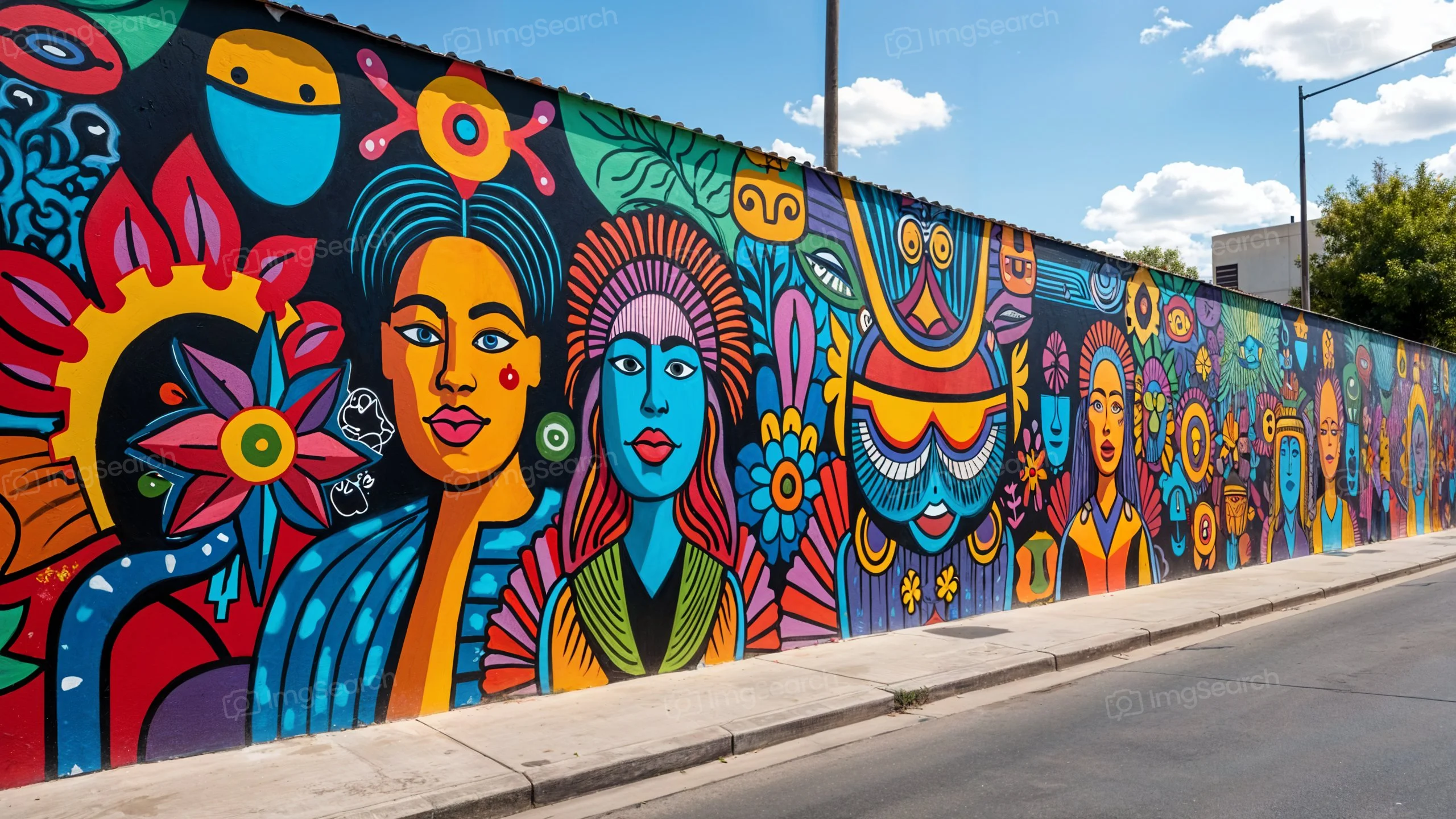 Vibrant mural with diverse faces and floral designs on a city wall