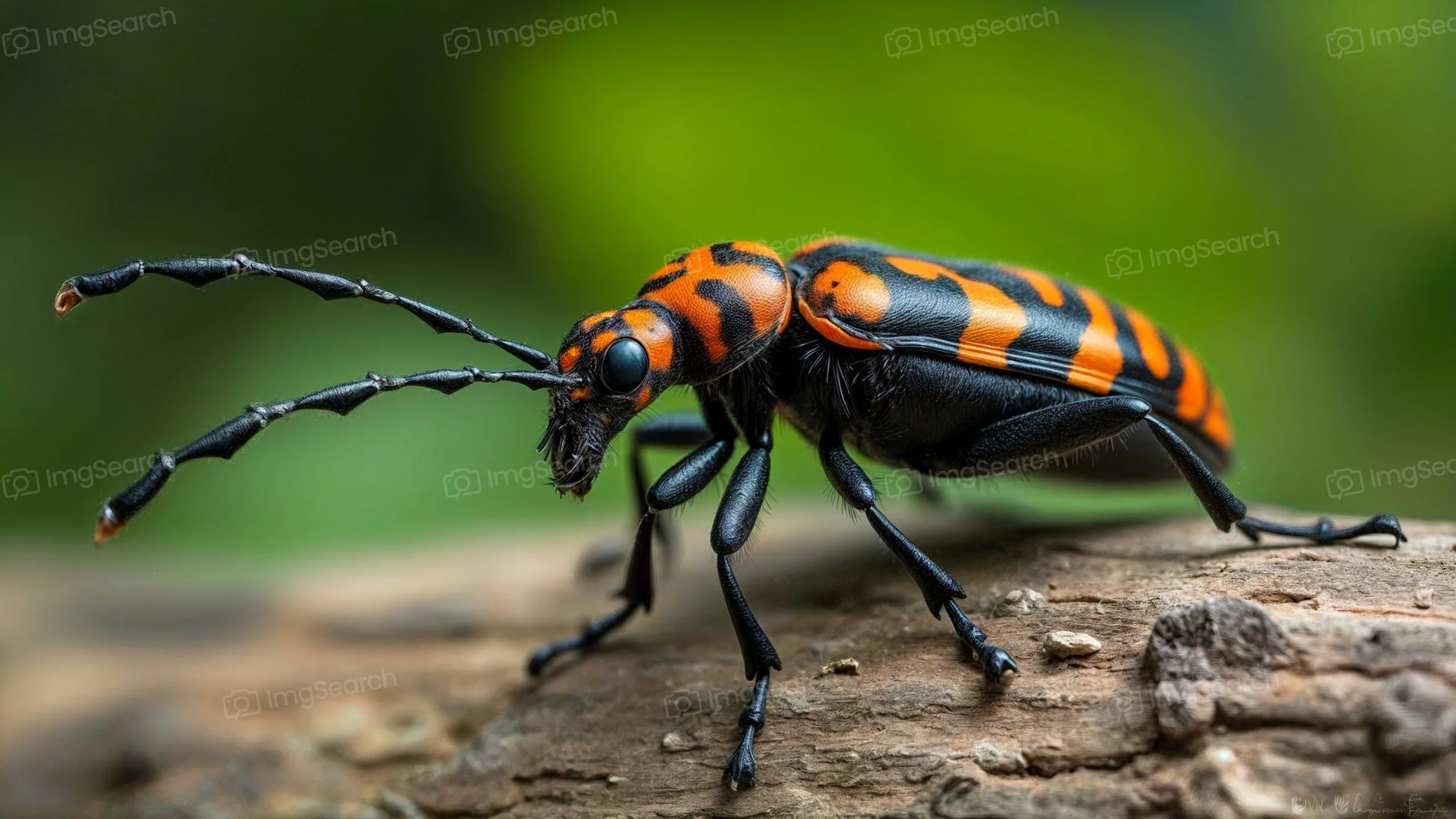 Close-up image of a vibrant orange and black beetle on a wooden surface