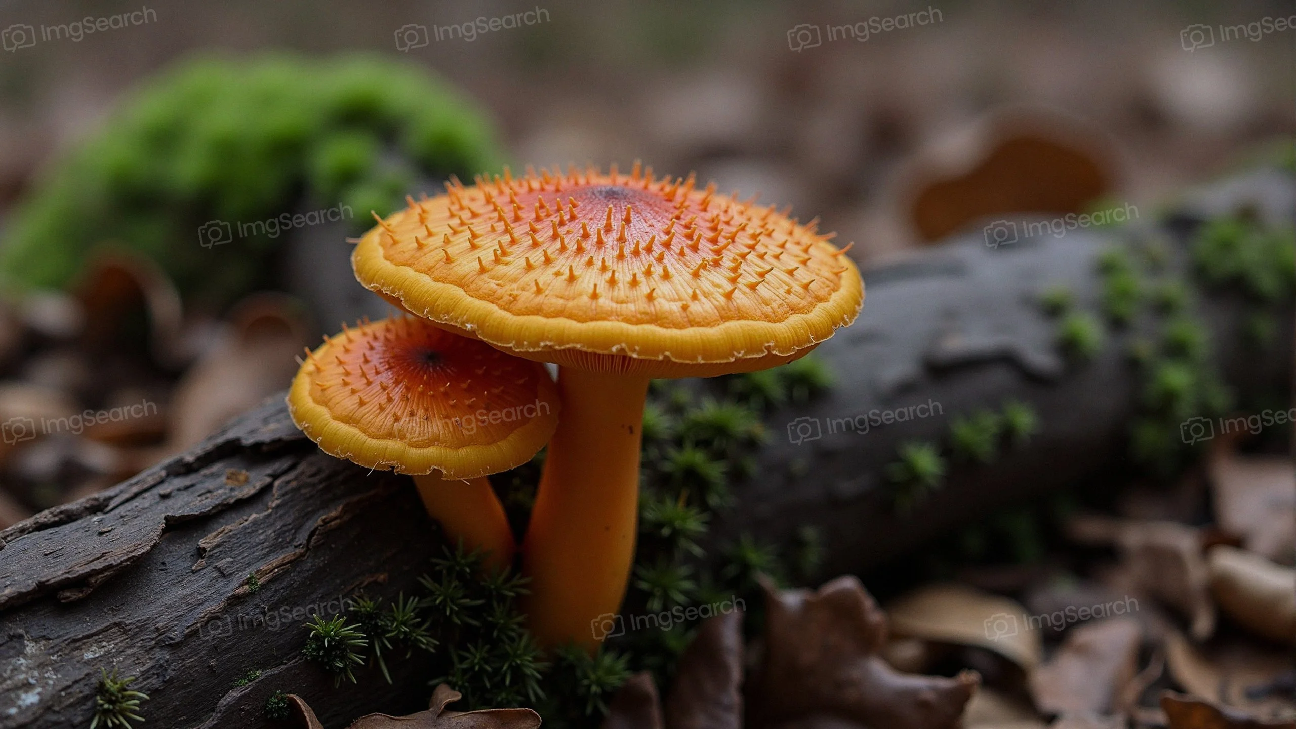 Close-up of vibrant orange mushrooms on a log surrounded by foliage.