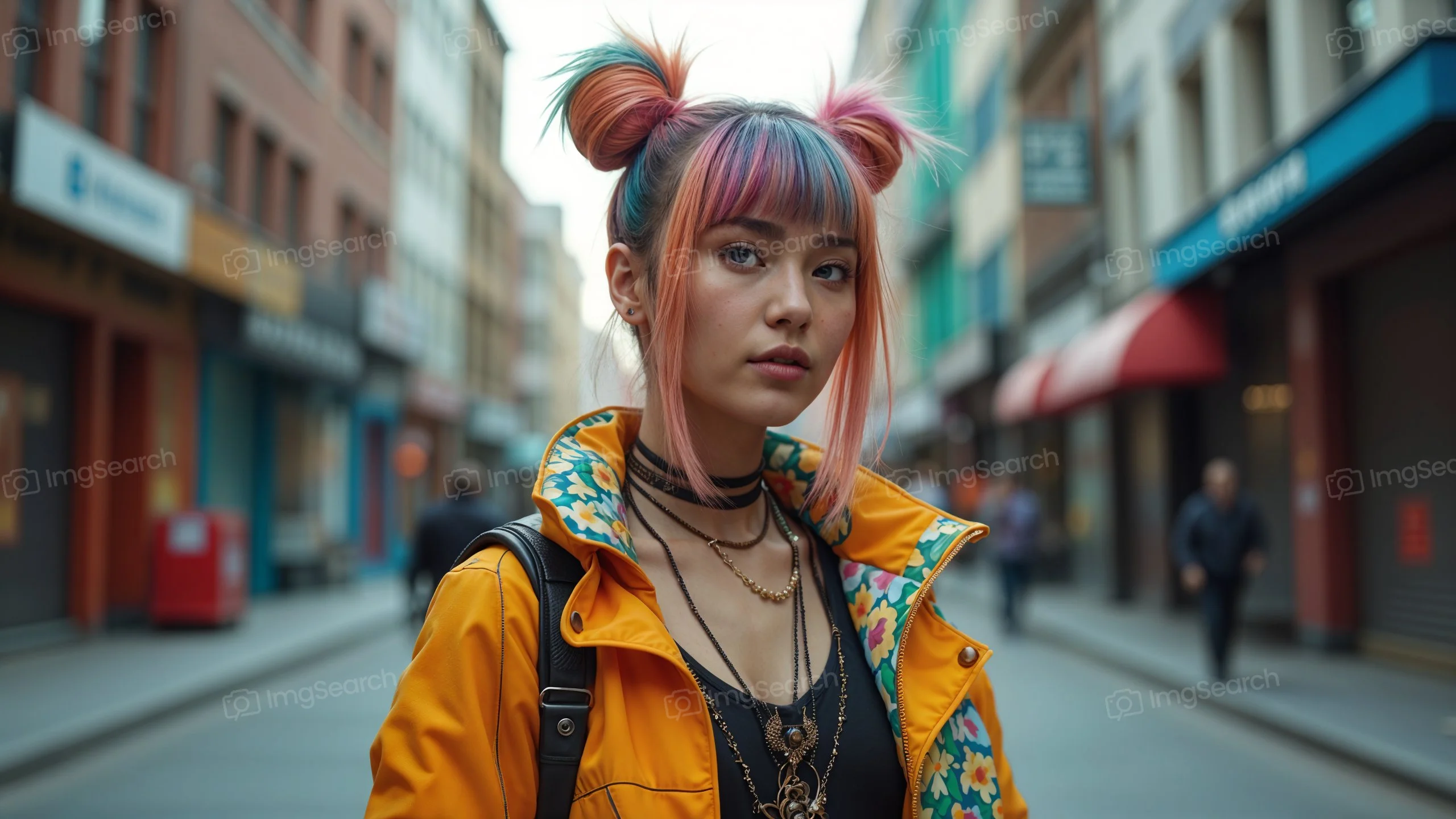 A young woman with colorful pigtails wearing a yellow jacket on a city street.