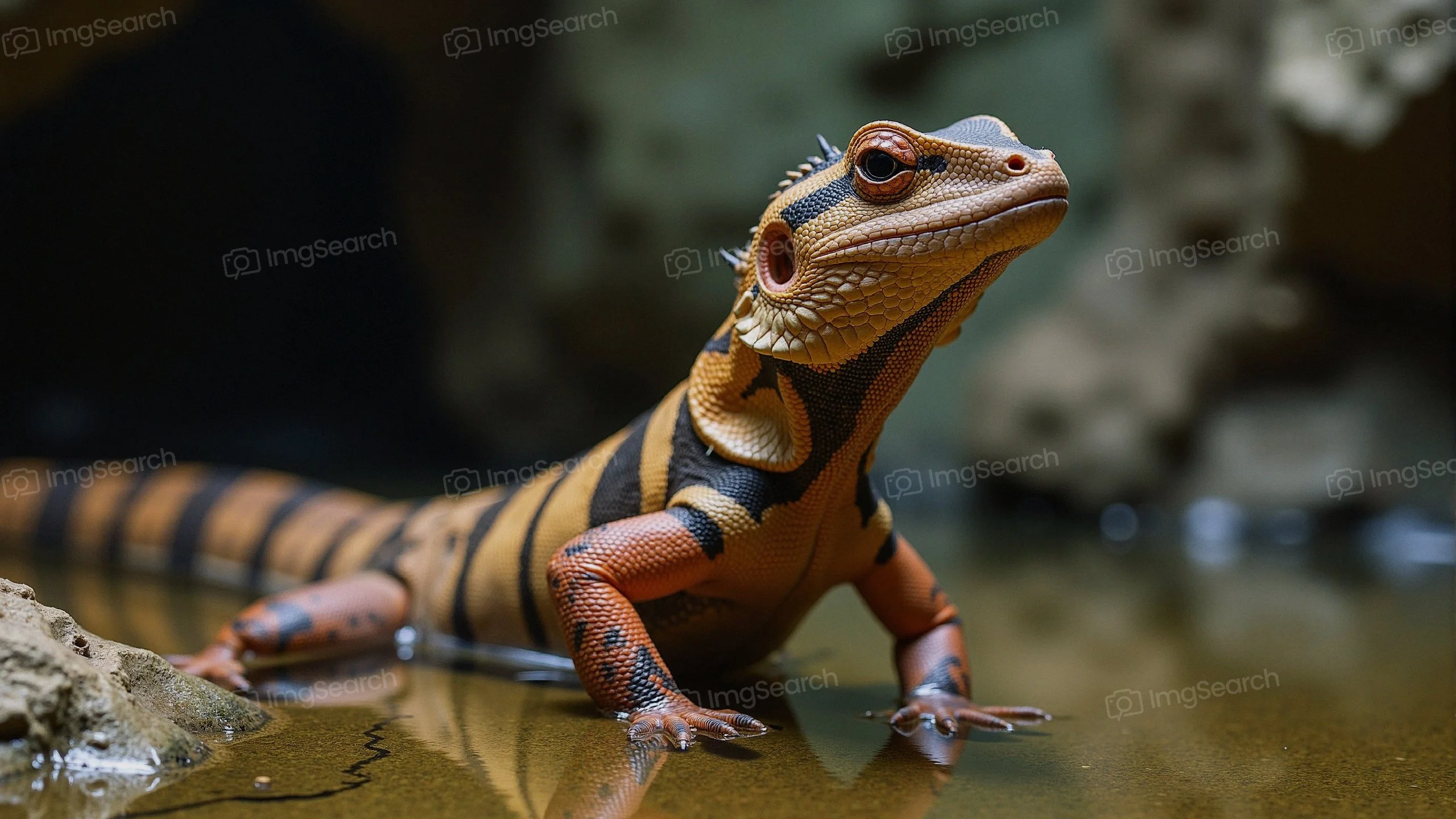 A colorful striped lizard standing on rocks beside water.