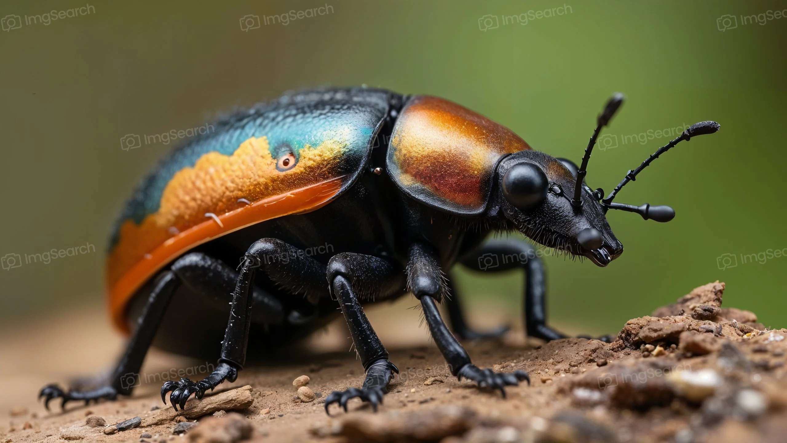 Close-up of a vibrant tropical beetle with an iridescent shell.
