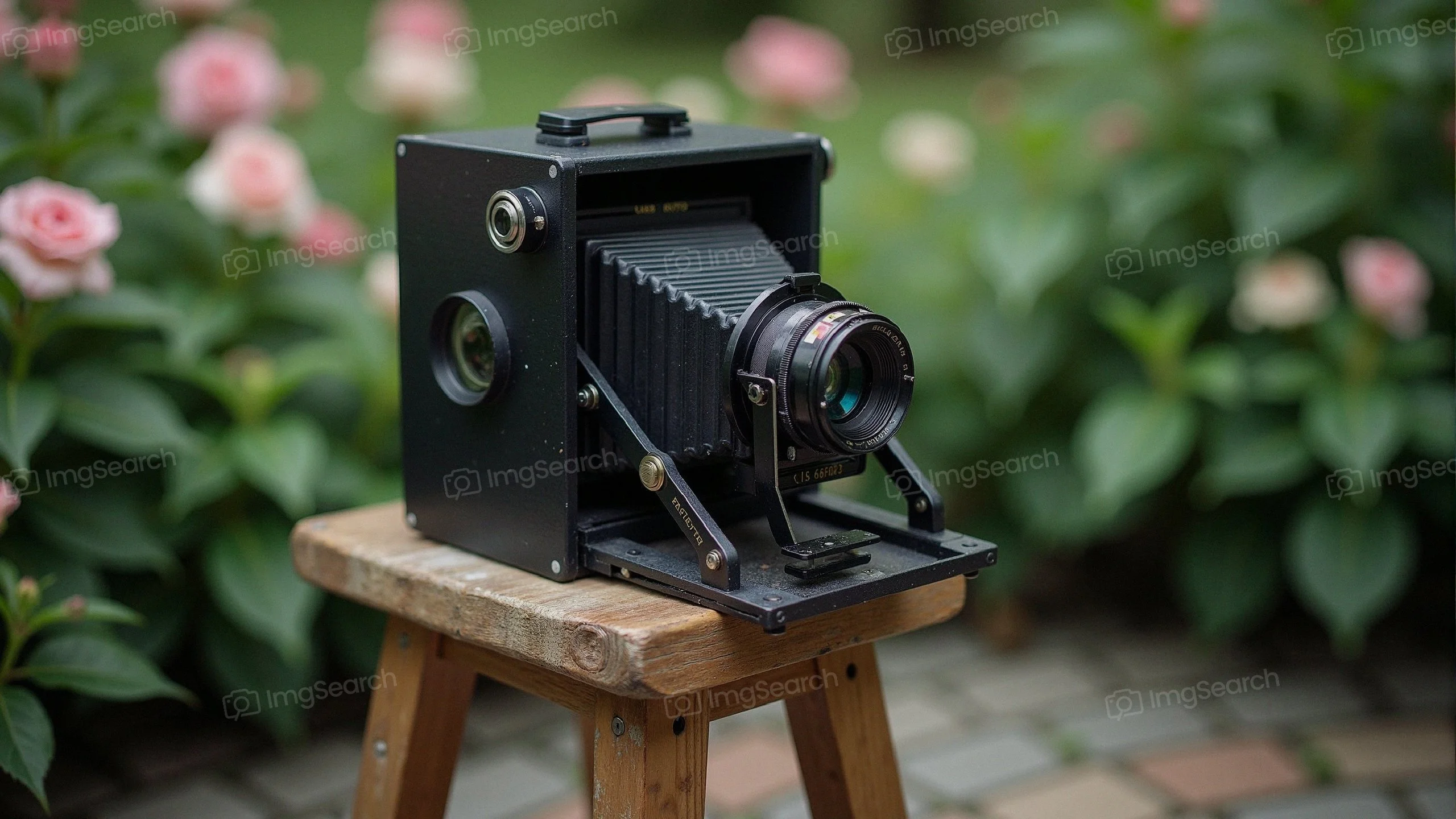 A vintage camera on a wooden stool with blooming roses in the background.