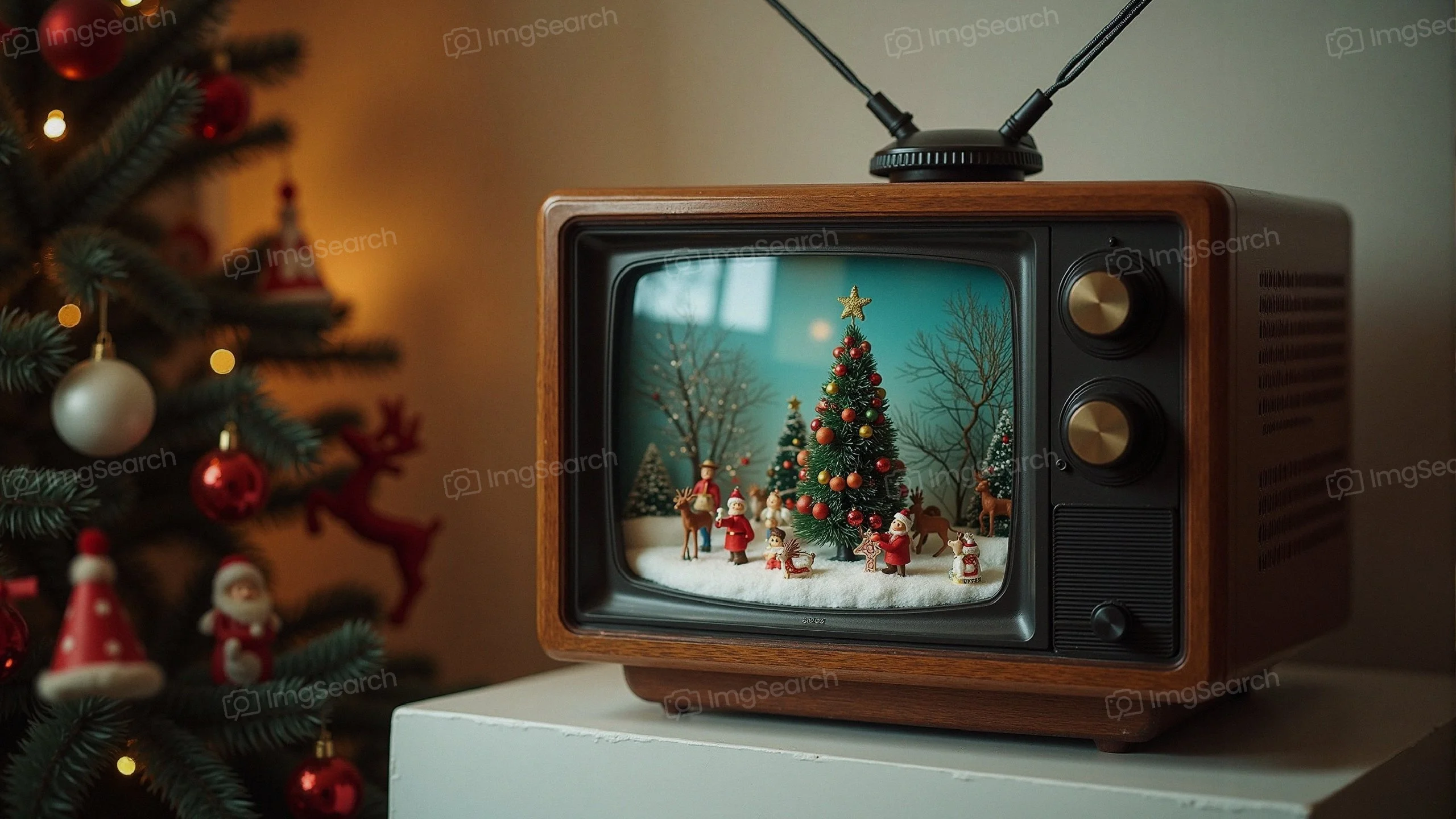 A vintage television displaying a Christmas scene with a decorated tree Santa figures