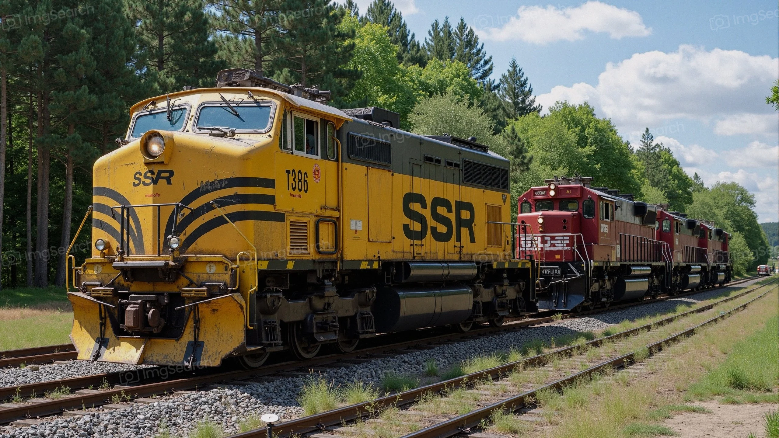 A yellow freight train with black insignia pulling red cars along a railway track in a wooded area.