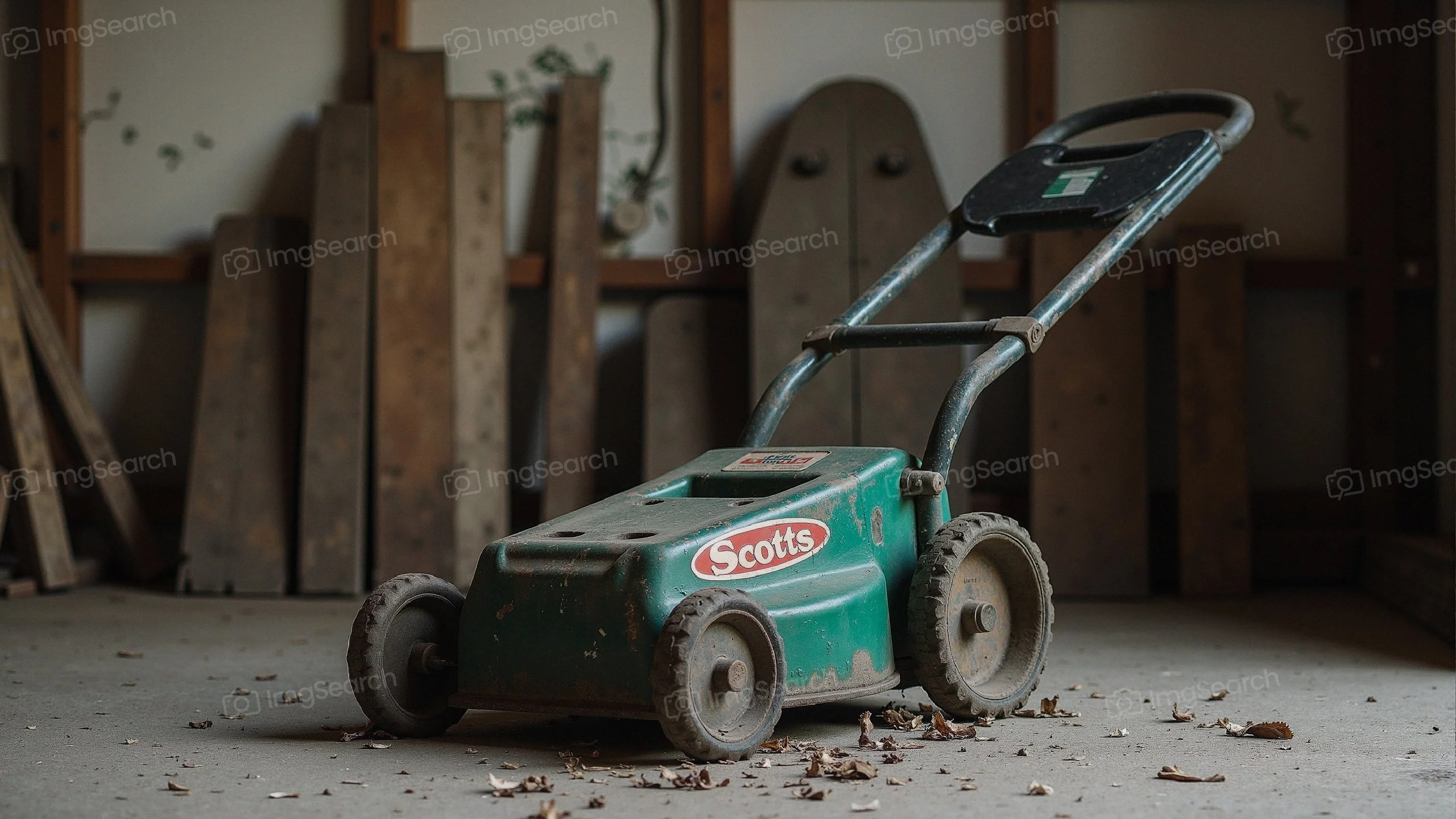 Old Scotts push lawn mower standing in a dusty workshop surrounded by wooden planks.