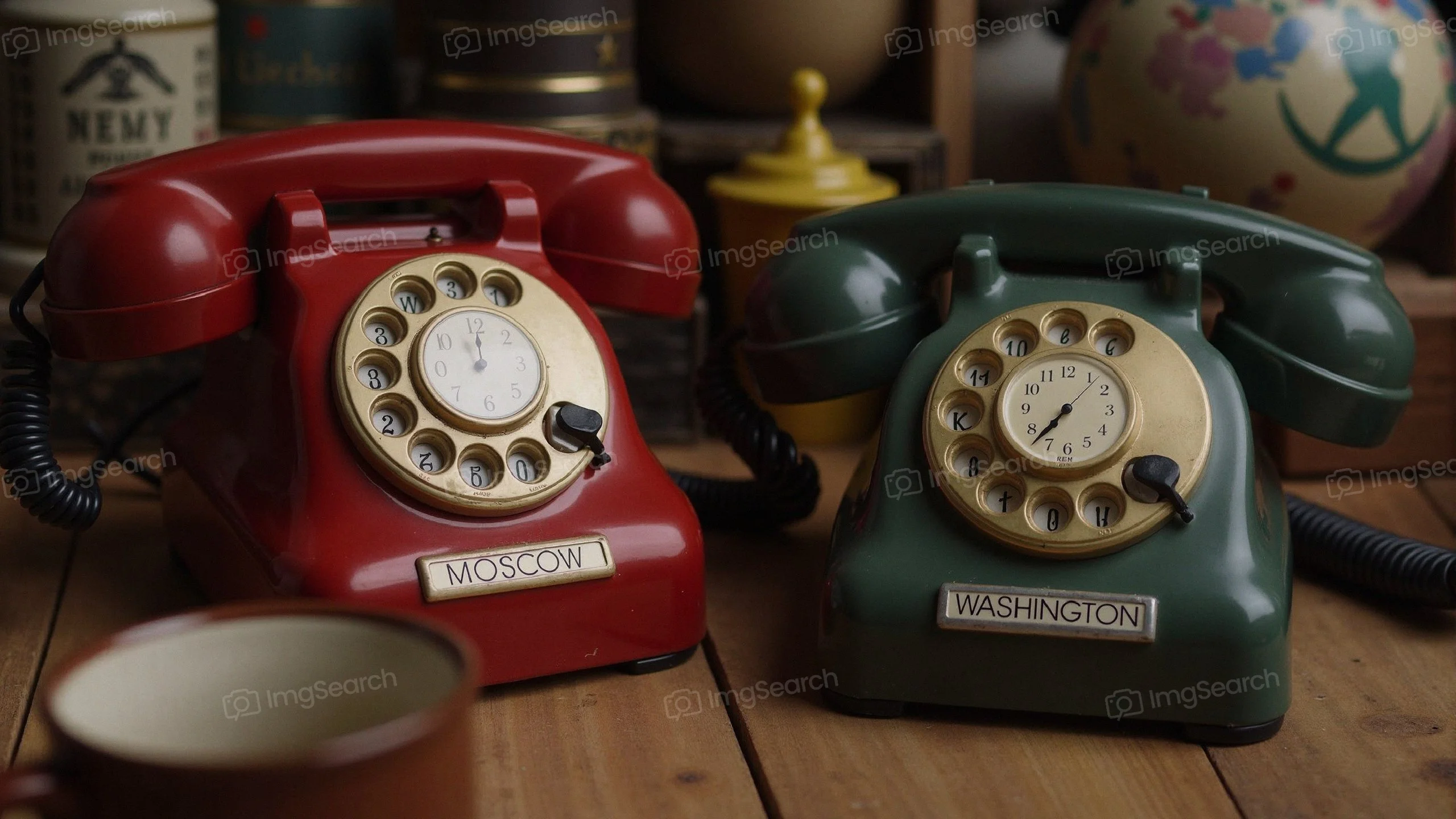 Two vintage rotary telephones; one red labeled 'MOSCOW' one green labeled 'WASHINGTON'.