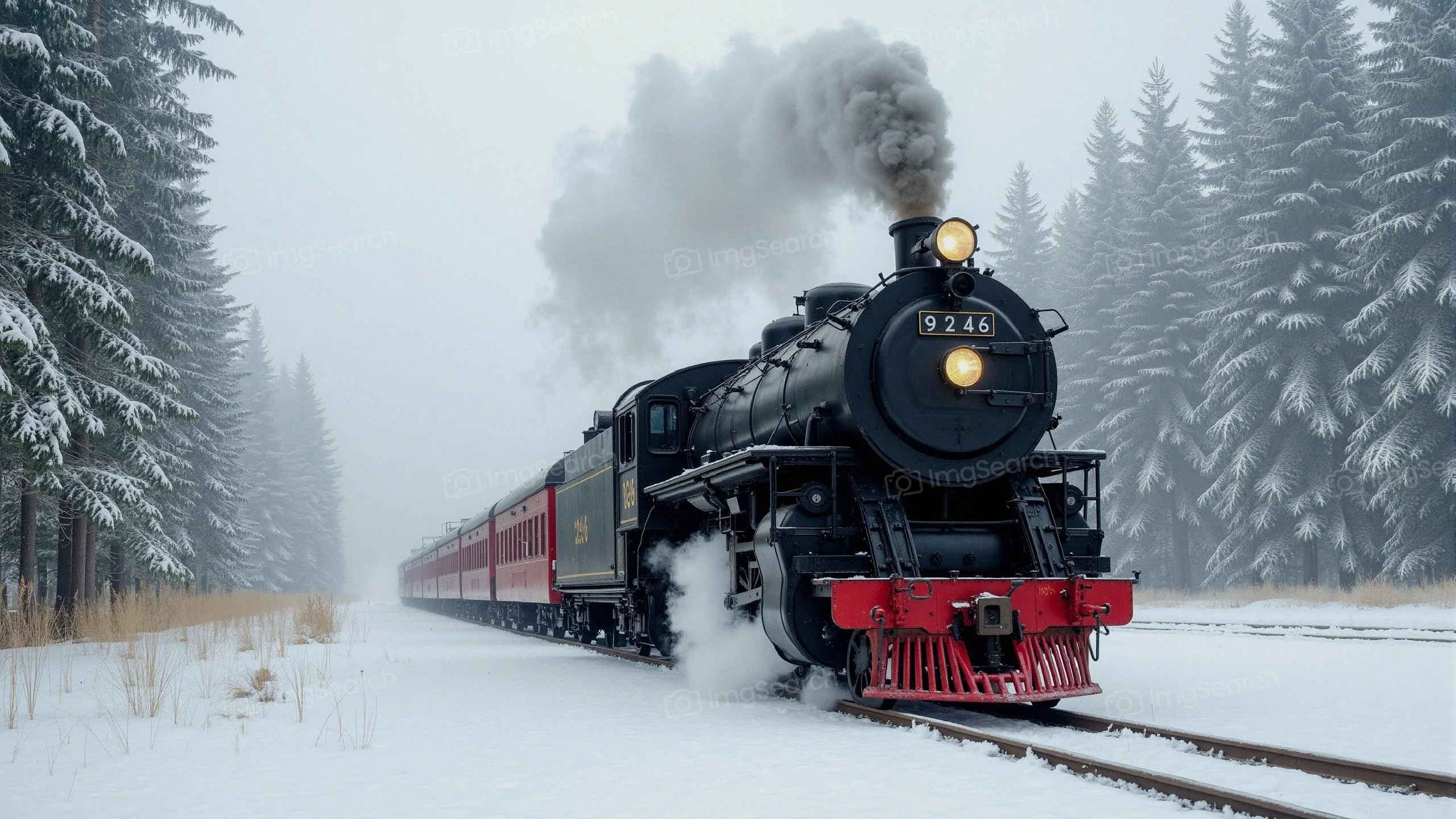 A vintage steam locomotive travels through a snowy forest landscape.