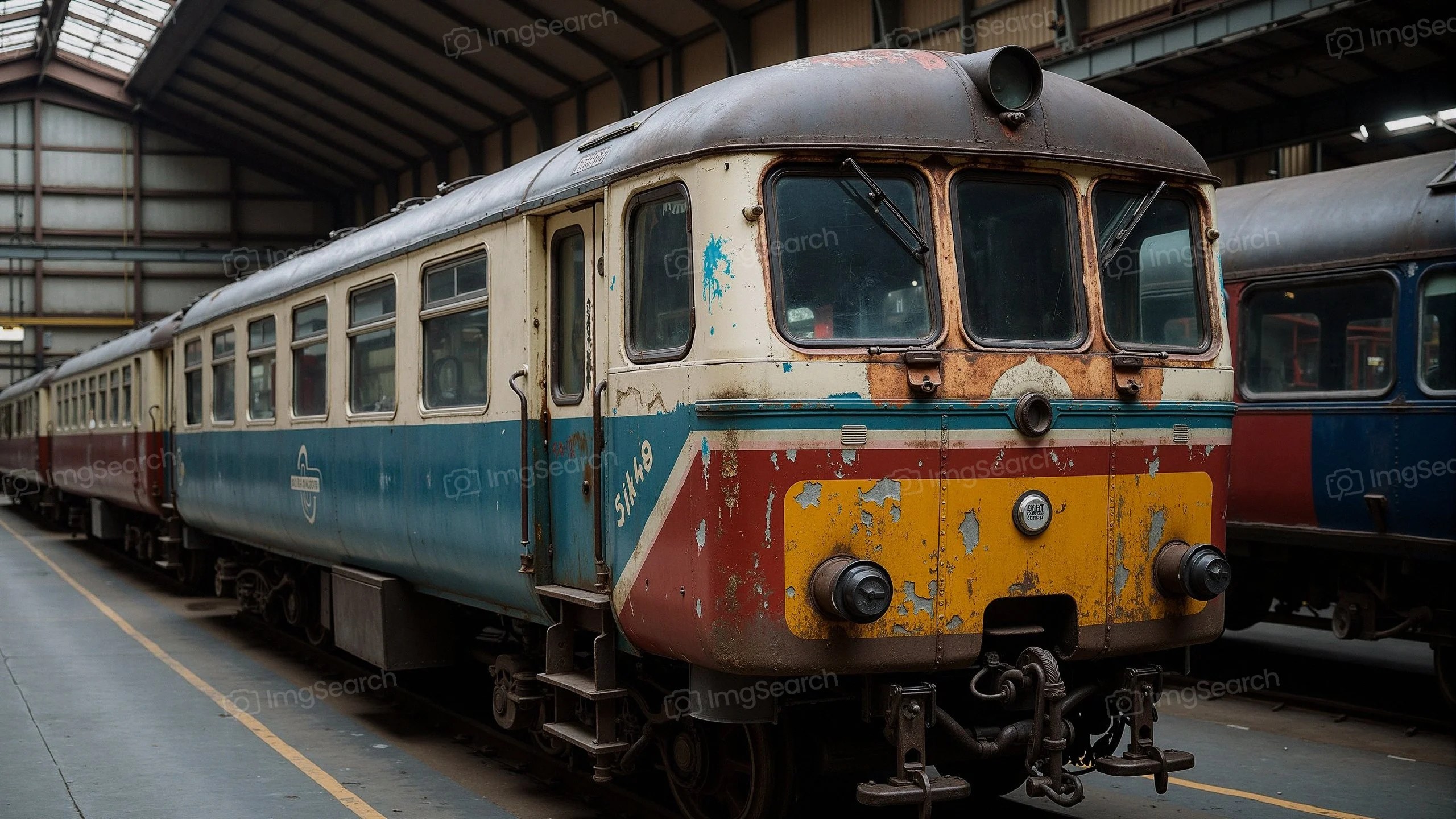 A weathered vintage train coach in an abandoned railway depot