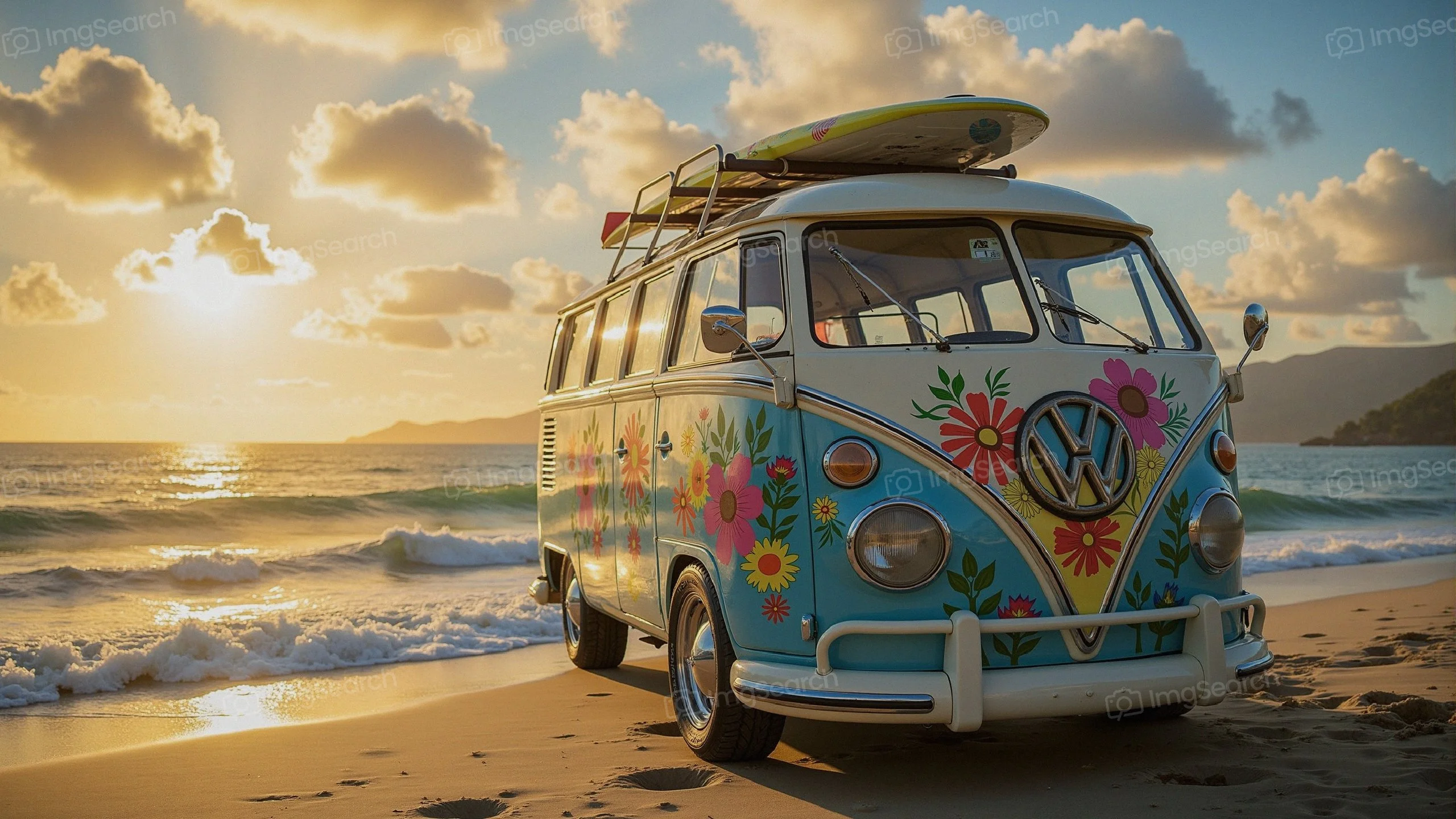 Colorful vintage Volkswagen surf van parked on the beach at sunset