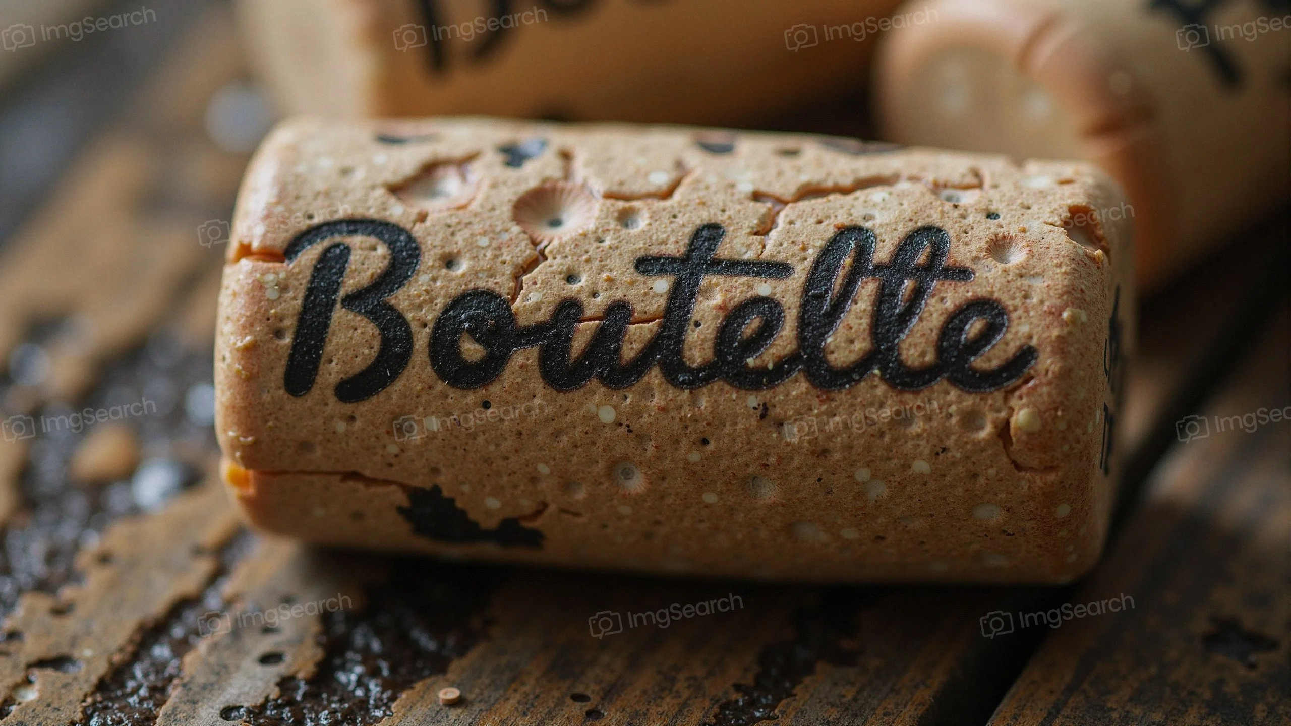 Close-up of a vintage wine cork with the word 'Bouteille' on a rustic wooden surface