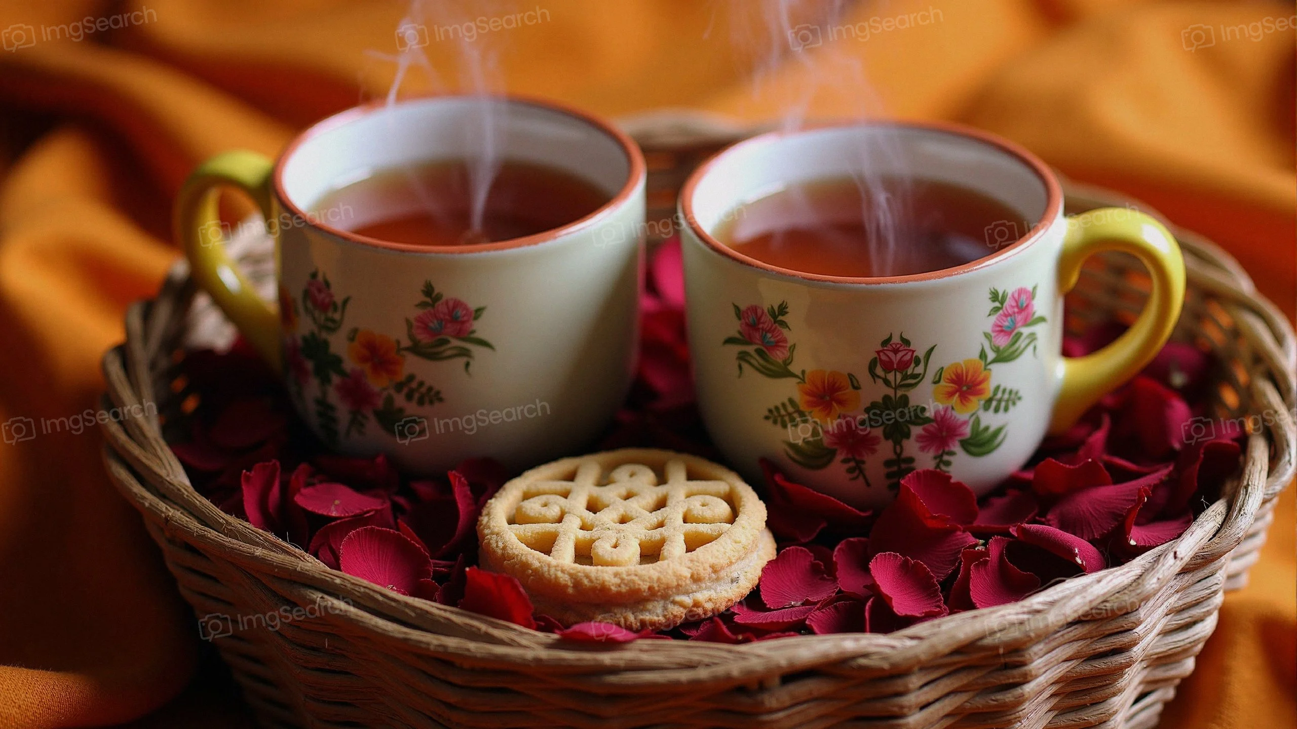 A cozy scene featuring two steaming cups of tea in floral mugs, surrounded by rose petals a biscuit in a woven basket.