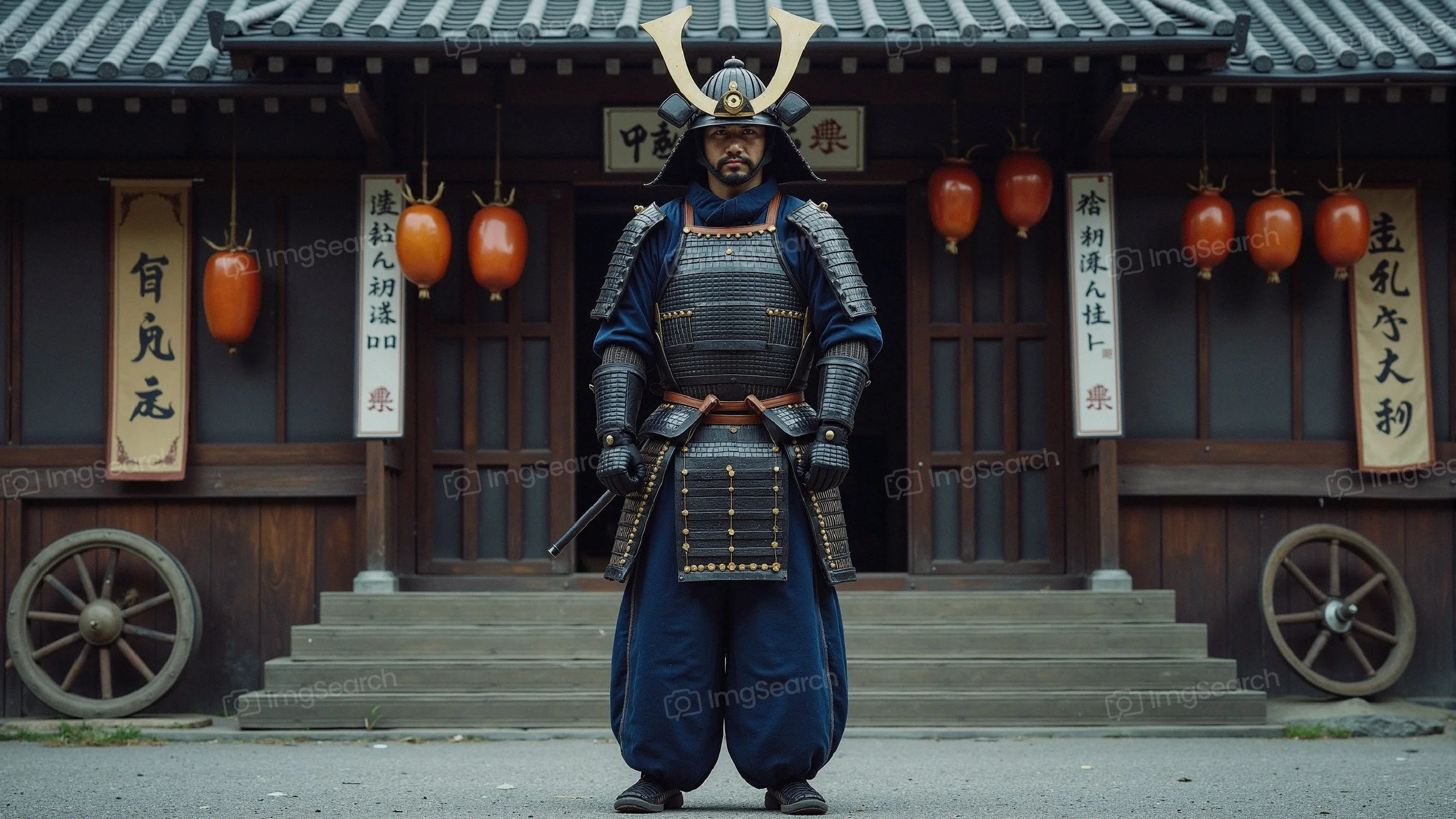 A samurai dressed in traditional armor, standing in front of a Japanese building.