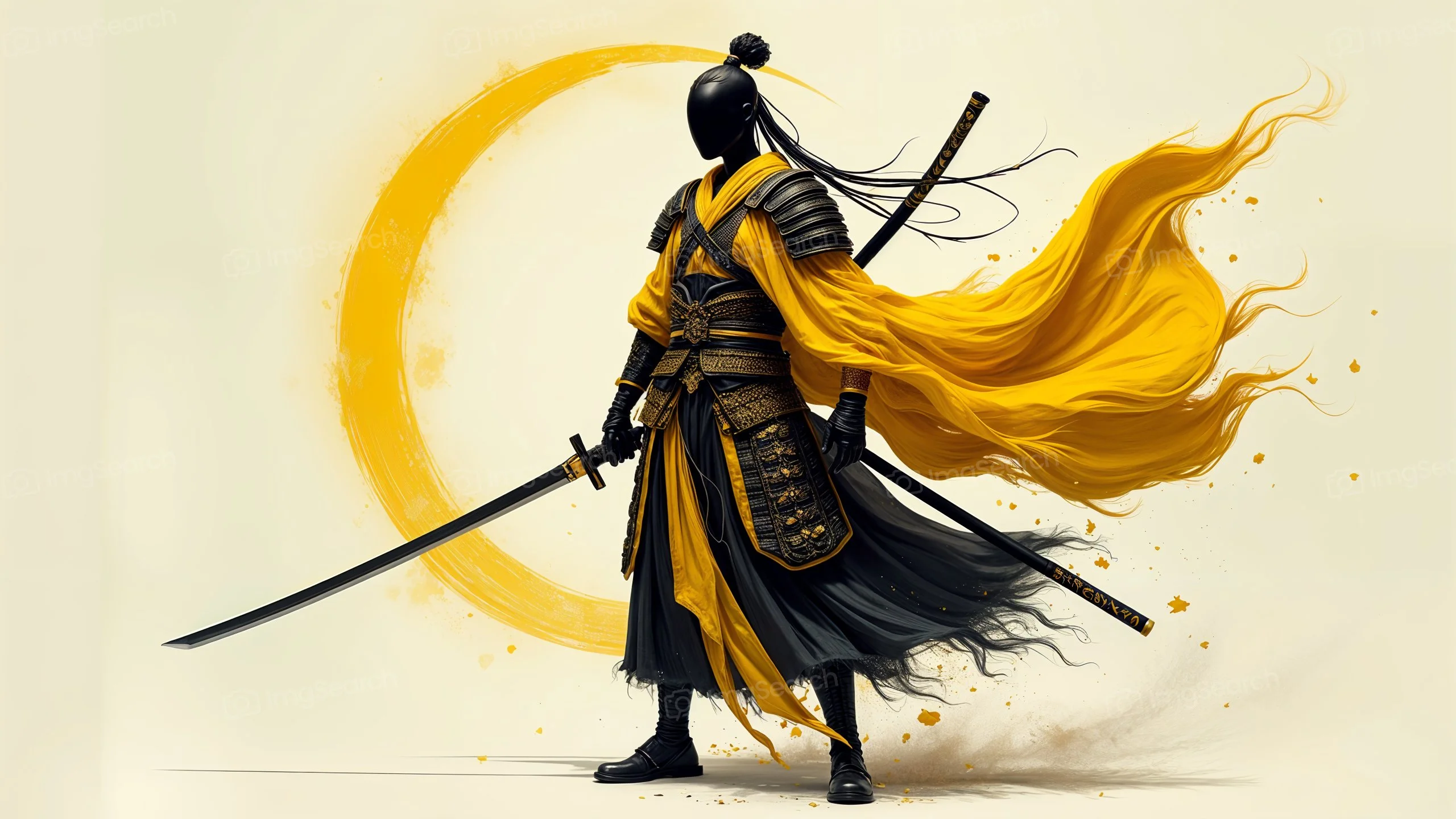 A silhouette of a warrior in flowing yellow robes and armor, holding a sword against a crescent moon background.