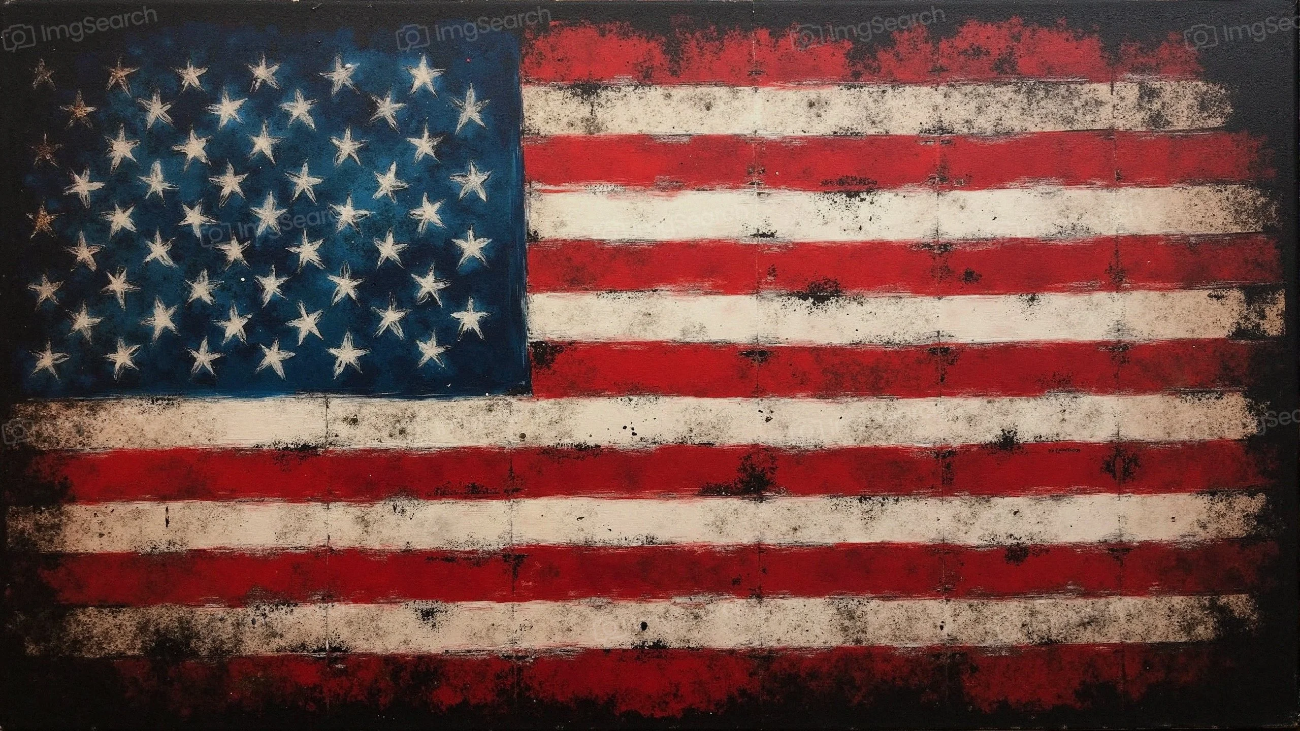 A weathered American flag painted on a wooden surface.