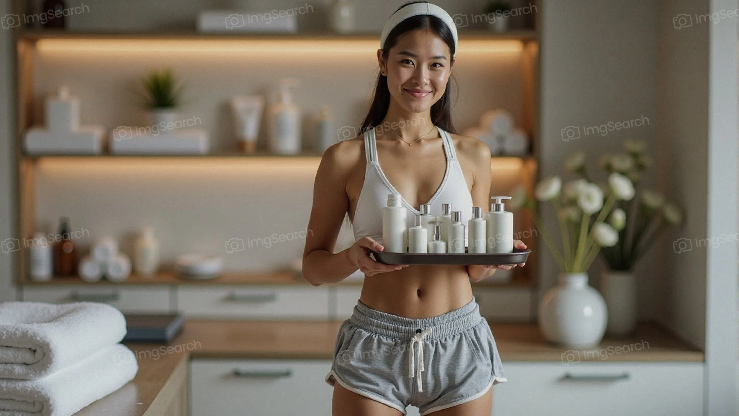 A woman presenting skincare products in a modern aesthetic setting.