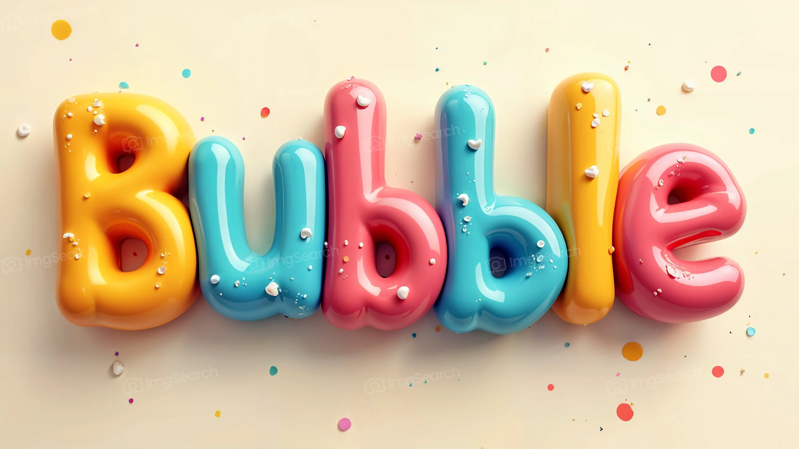 Colorful glossy letters spelling 'Bubble' on a light background with confetti