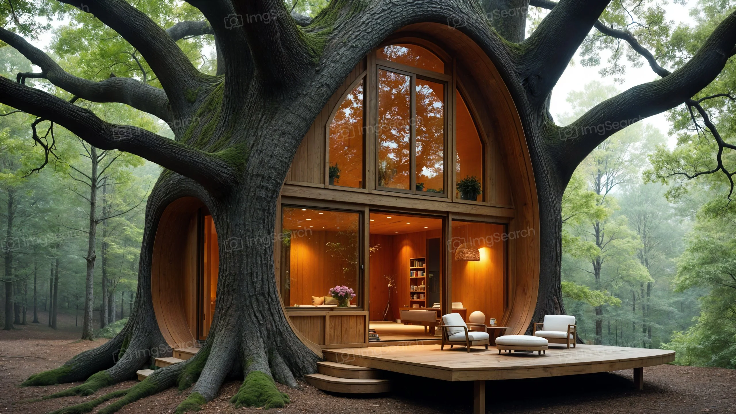 A modern treehouse nestled in a large tree, showcasing wooden construction and surrounded by a forest