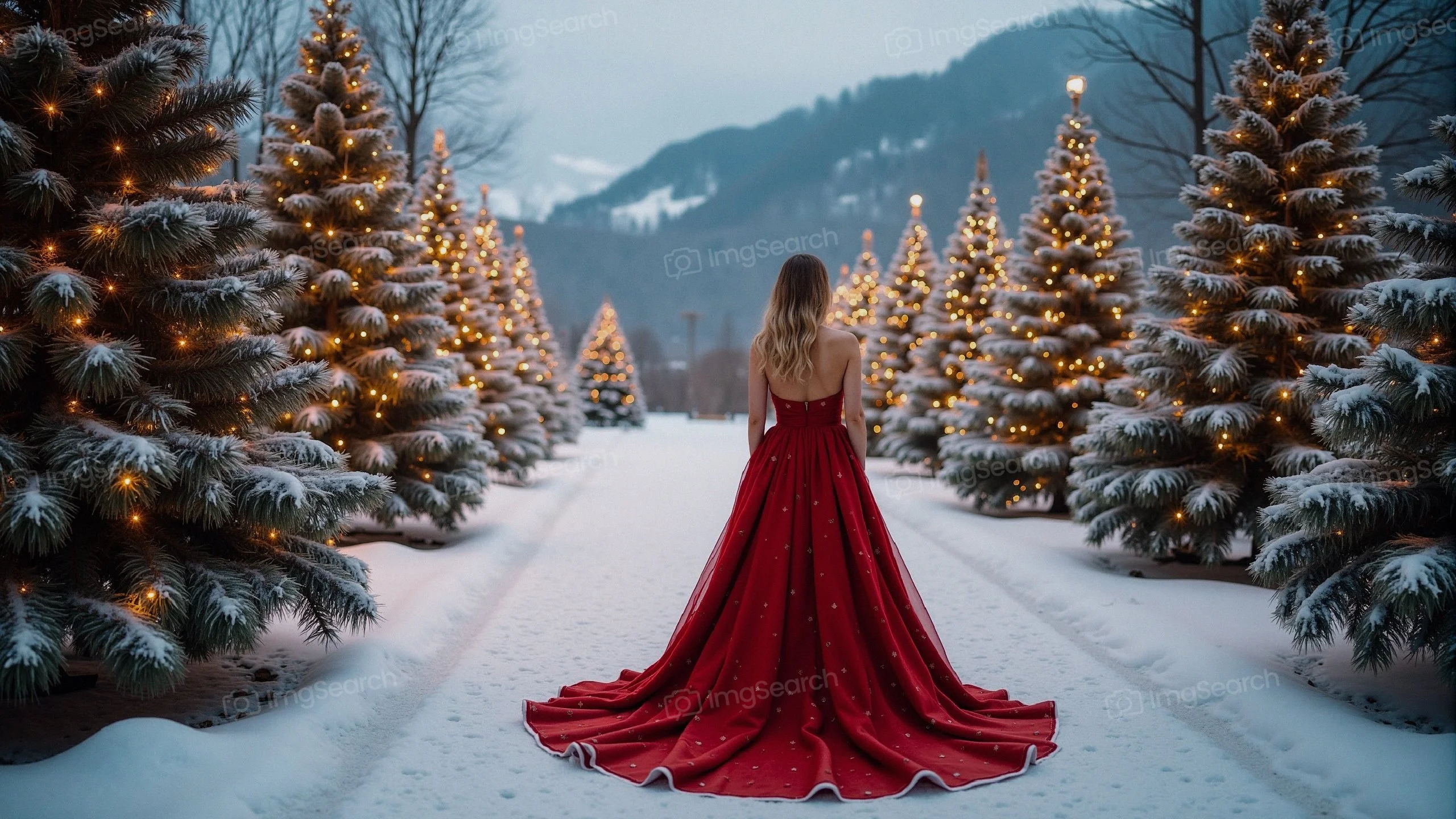 A woman in a red gown standing in a snowy pathway flanked by Christmas trees lit with golden lights.