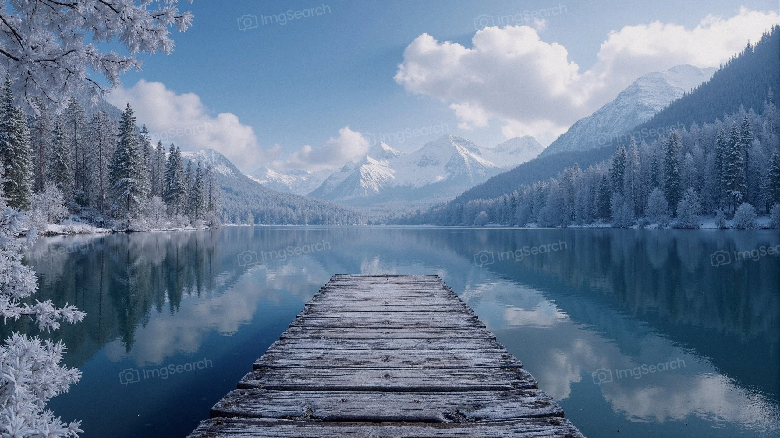 A winter lake surrounded by snow-covered mountains evergreen trees, with a wooden pier extending into the water.