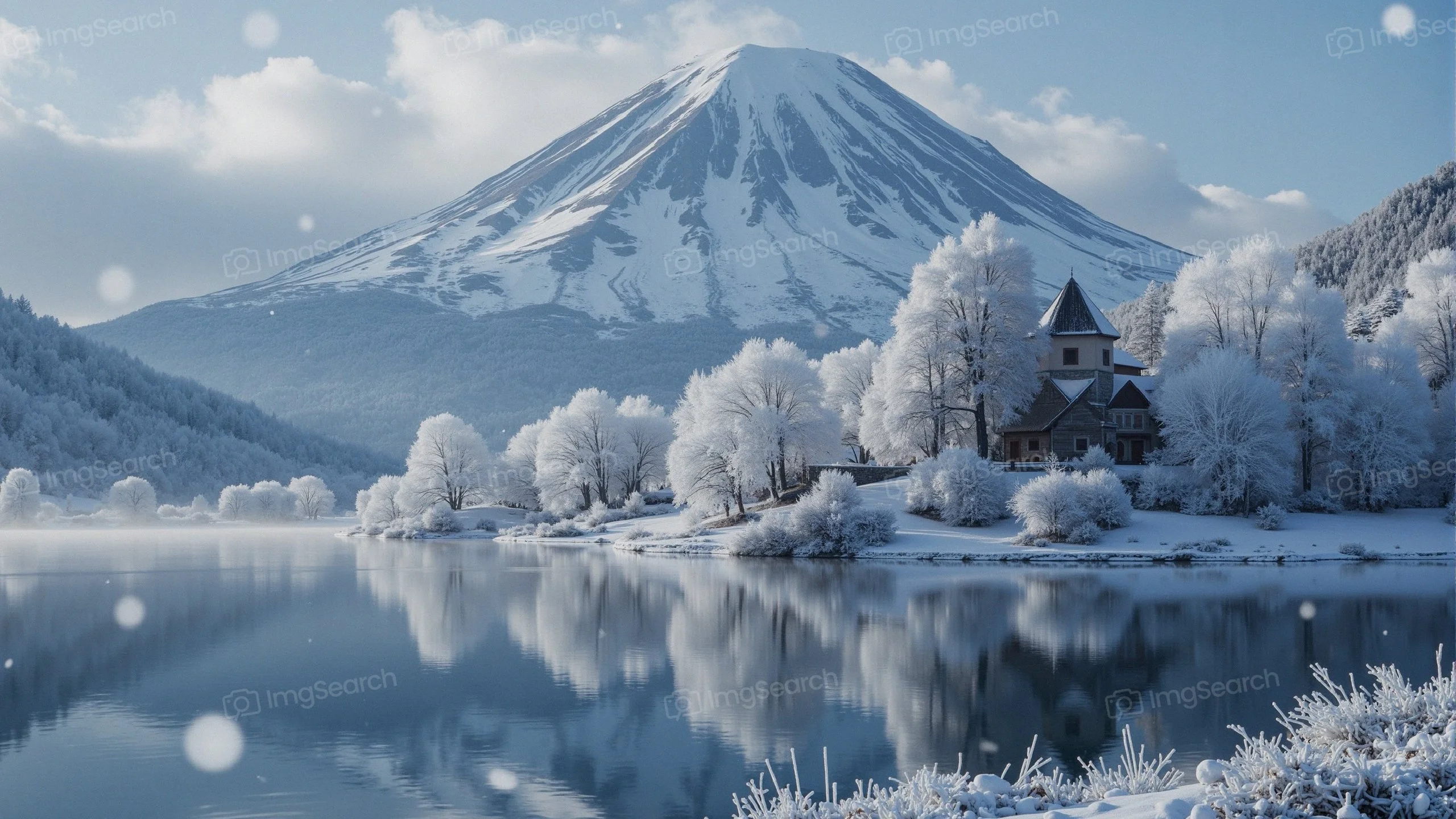 A winter landscape featuring a church near a lake with Mount Fuji in the background falling snow.