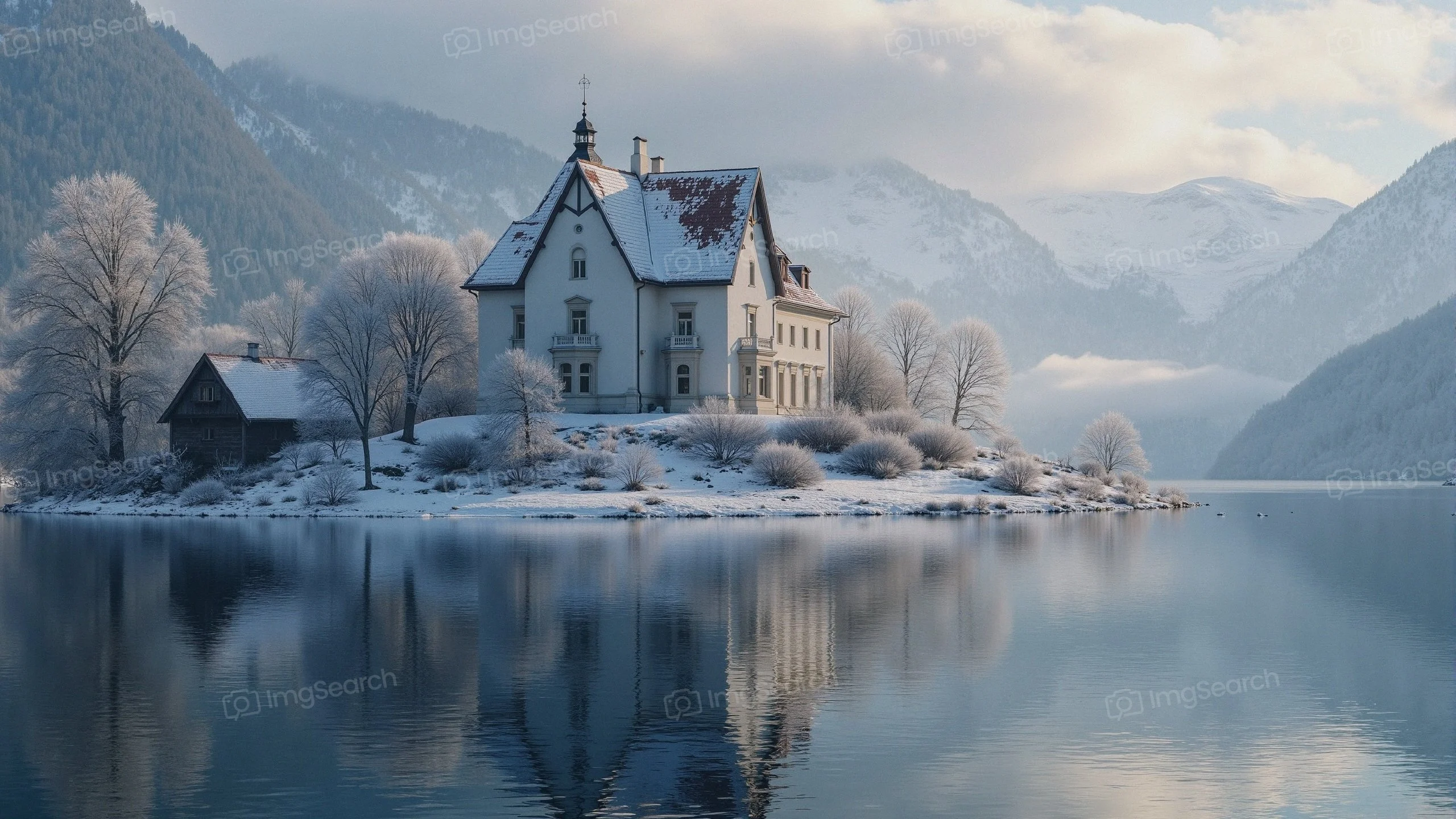 A snow-covered house beside a calm lake, framed by frosted trees mountains.