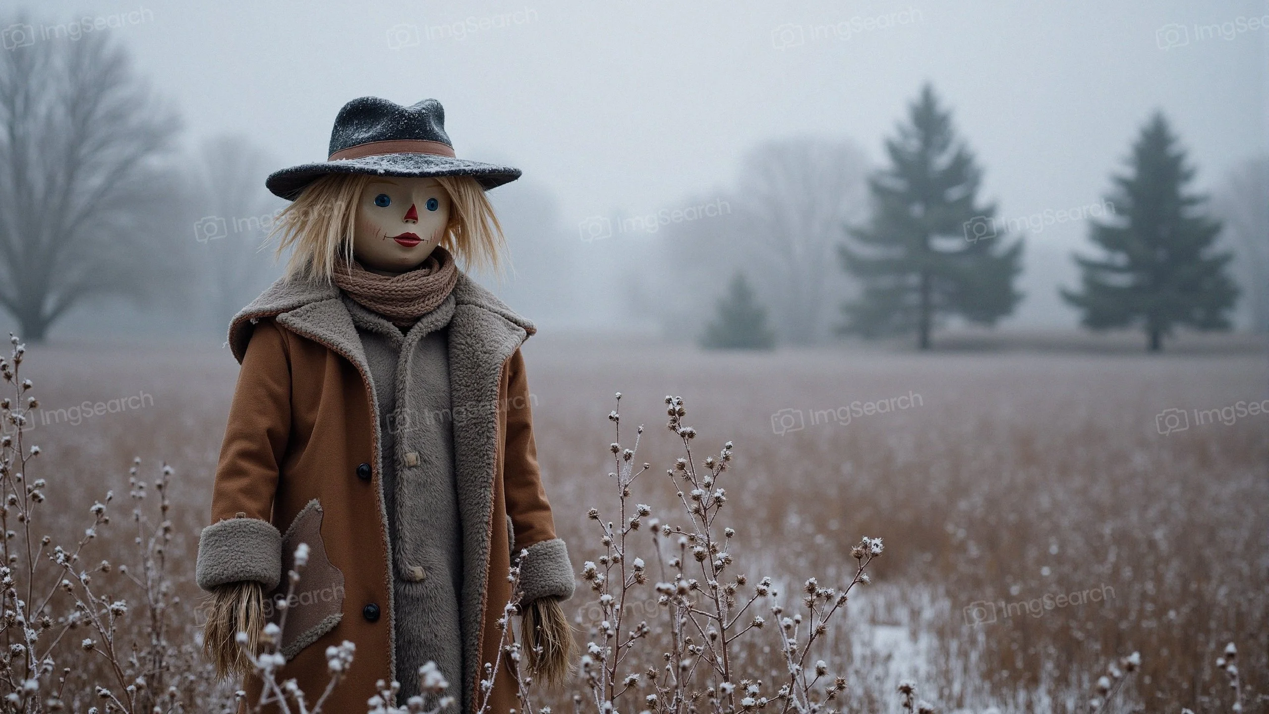 A scarecrow wearing a coat scarf standing in a frosty winter field