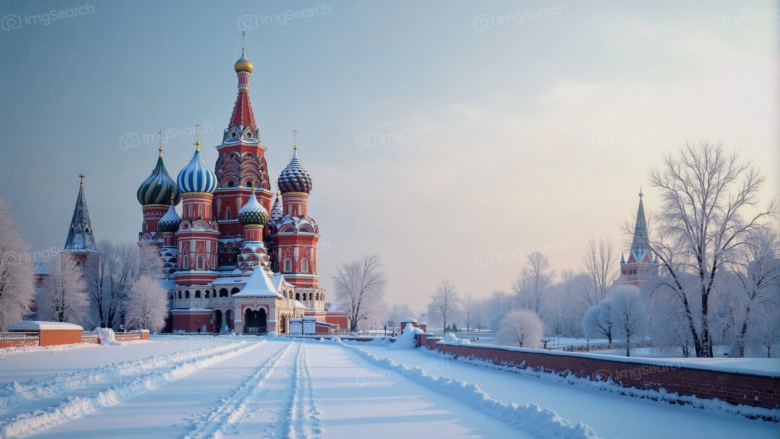 A snowy scene of St. Basil's Cathedral in Moscow, with colorful domes a clear blue sky