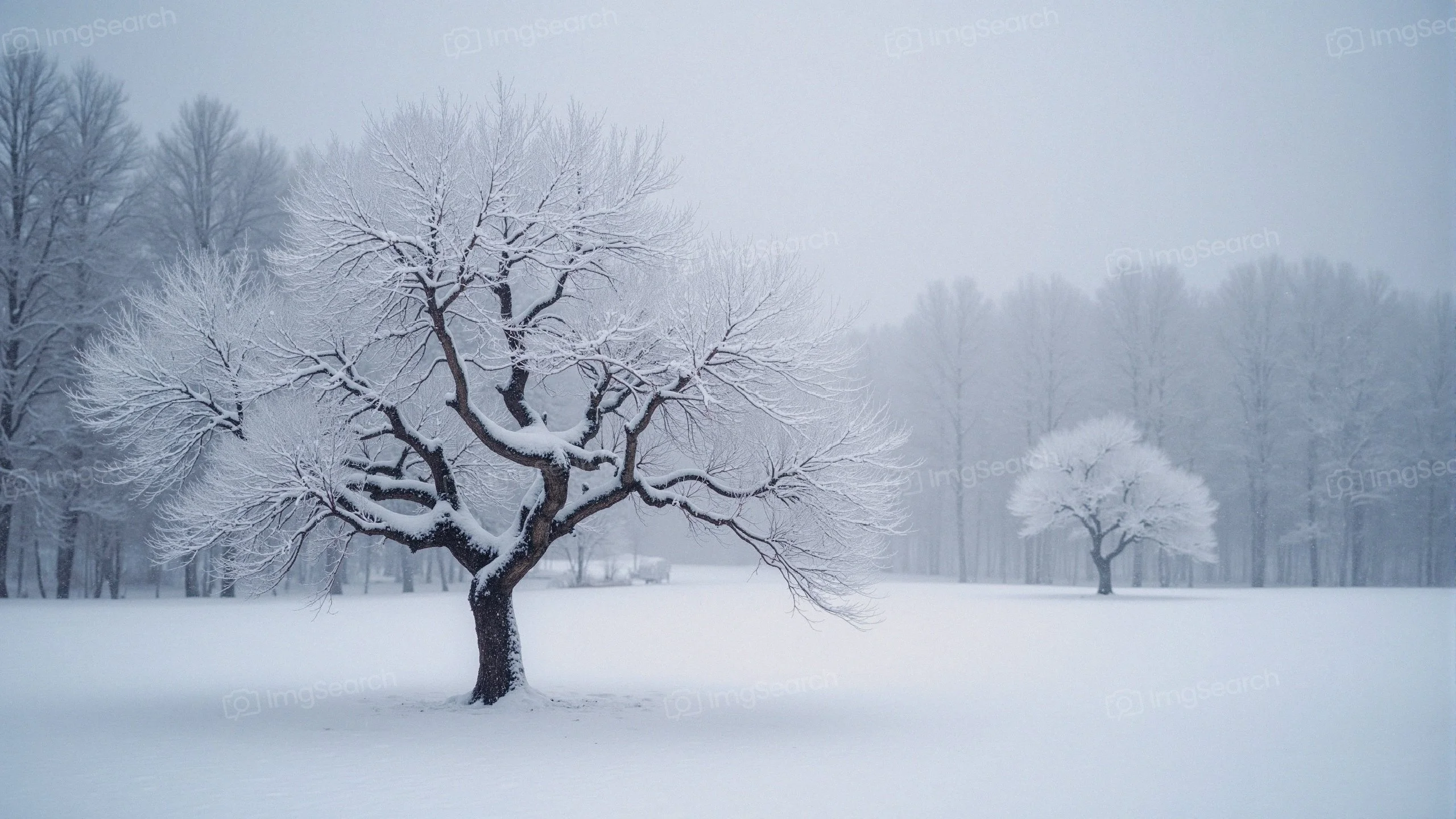 A peaceful winter landscape with snow-covered trees in a foggy setting.