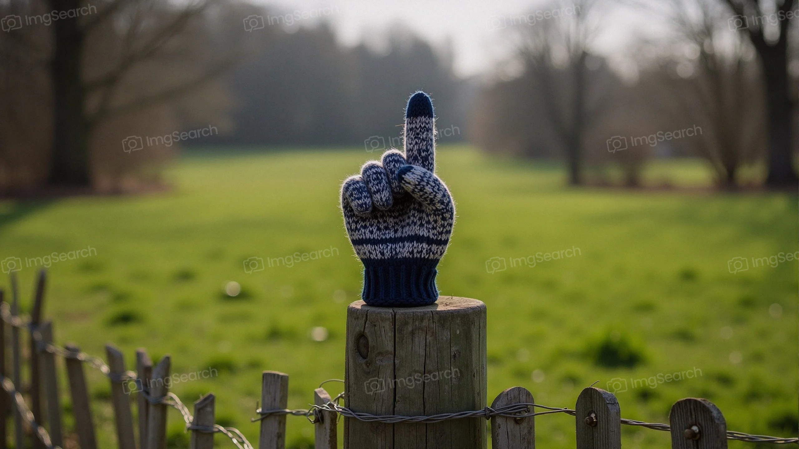 A knitted blue white glove on a fencepost in a green field.