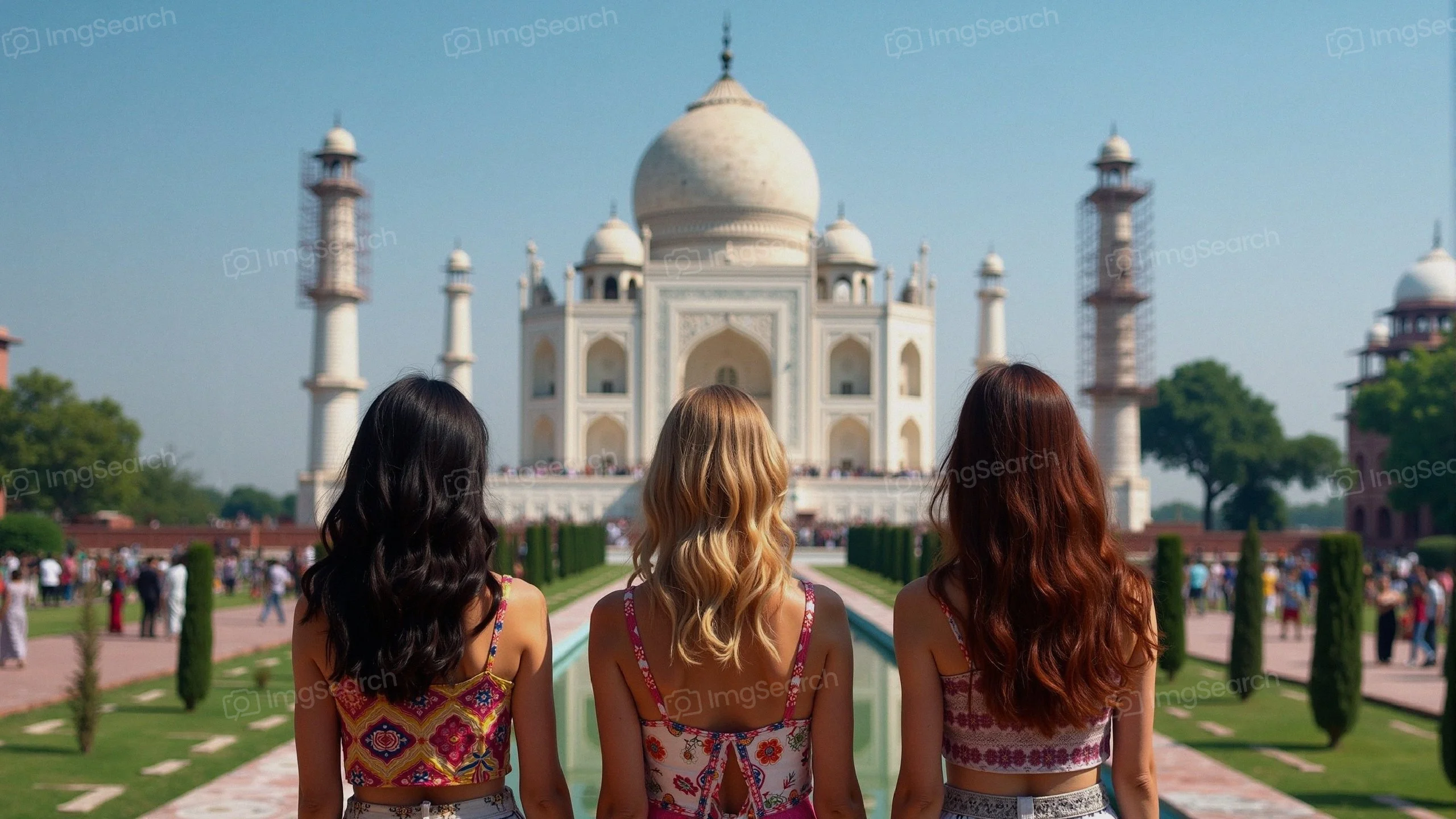 Three women in summer outfits standing in front of the Taj Mahal