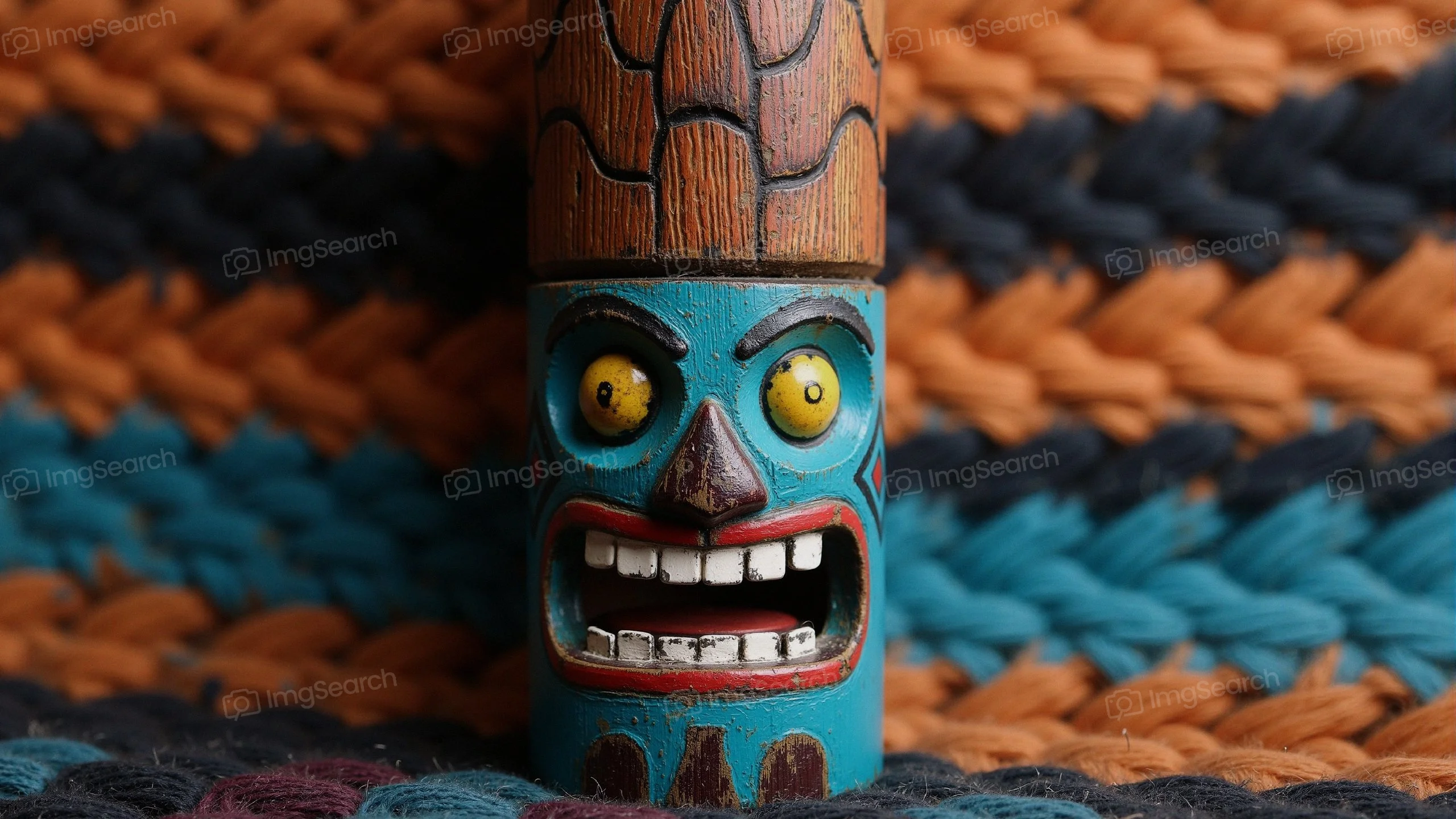 Colorful wooden totem with a fierce expression and intricate carvings