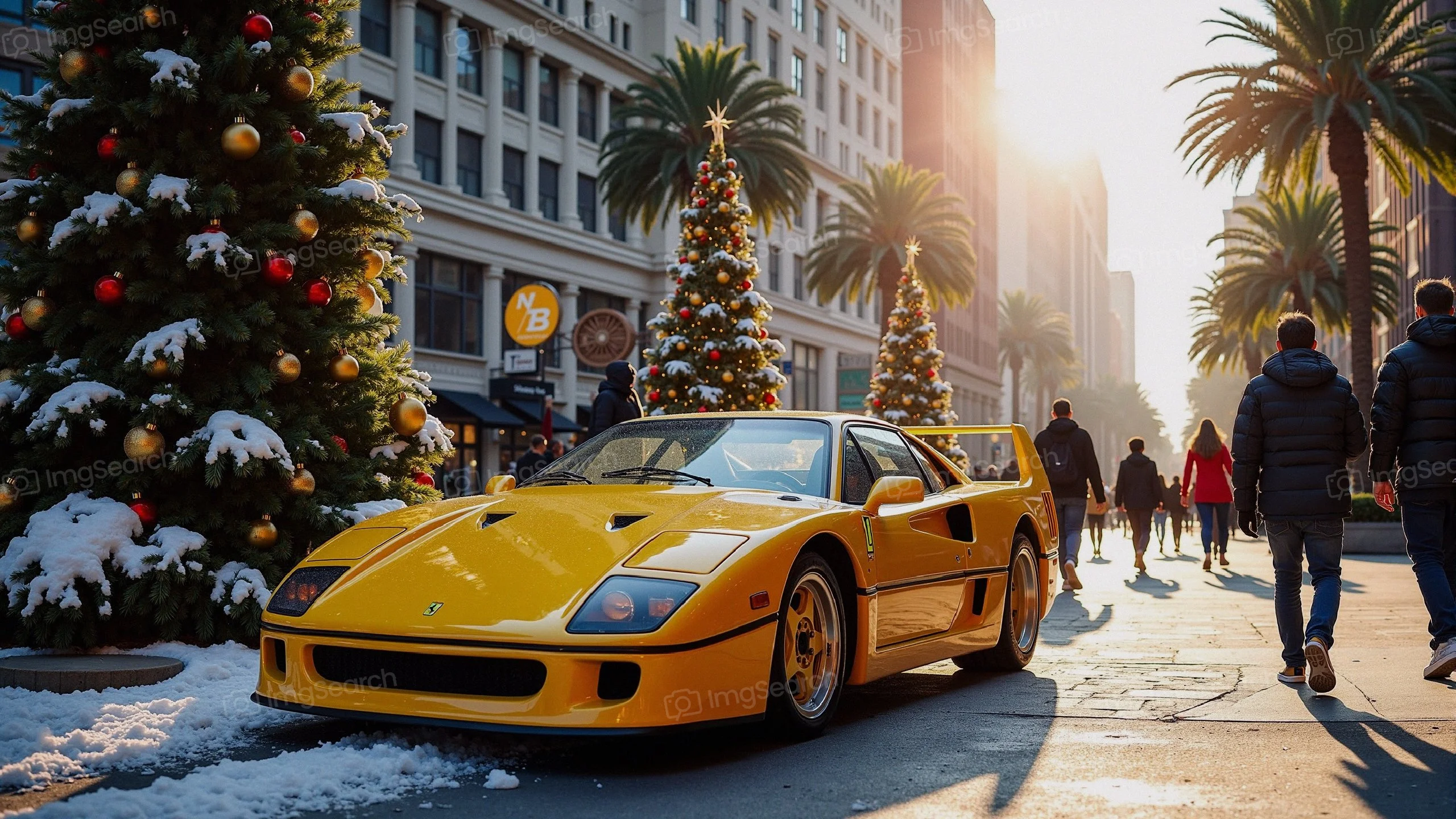 A yellow sports car parked on a festive street with snow and palm trees.