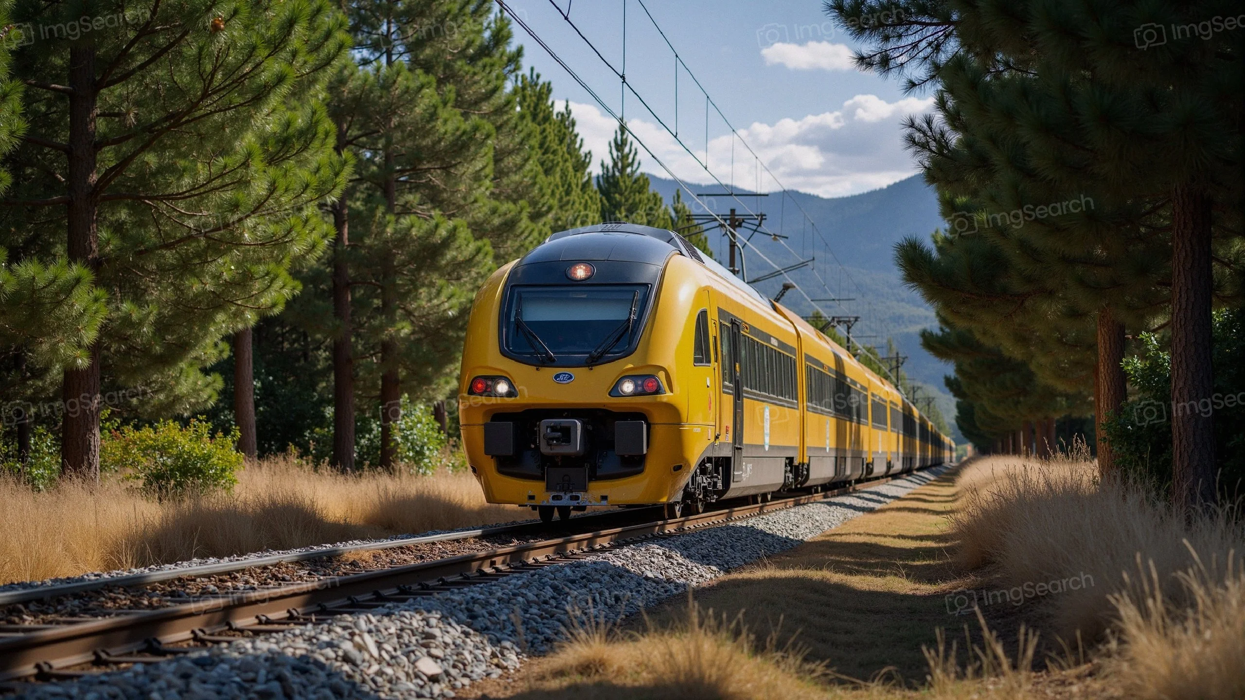 A yellow train traveling along tracks through a lush green forest