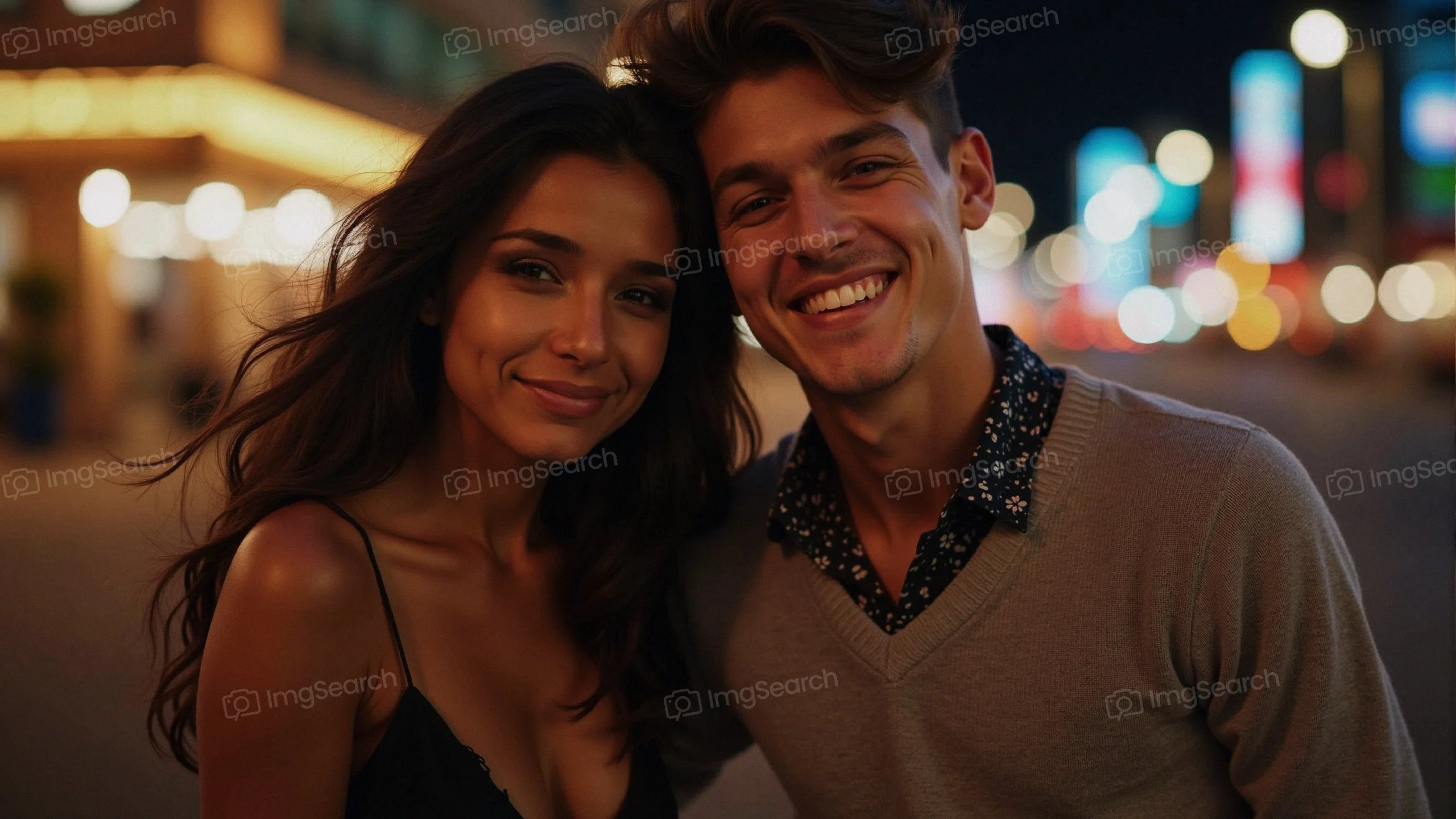A smiling young couple posing for a photo in a lively city setting at night.