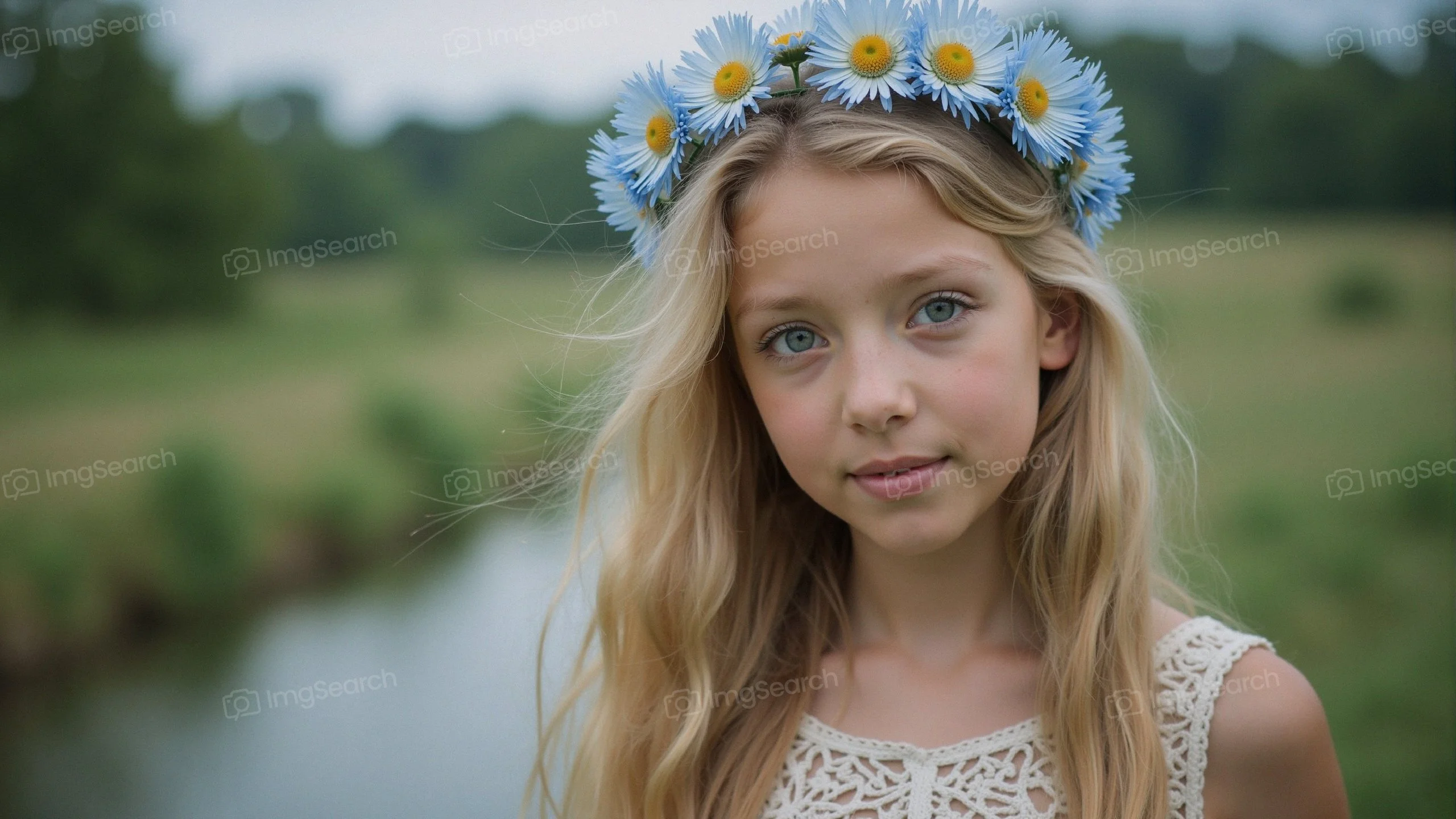 A young girl with long blonde hair a daisy crown standing by a stream in a lush green field.